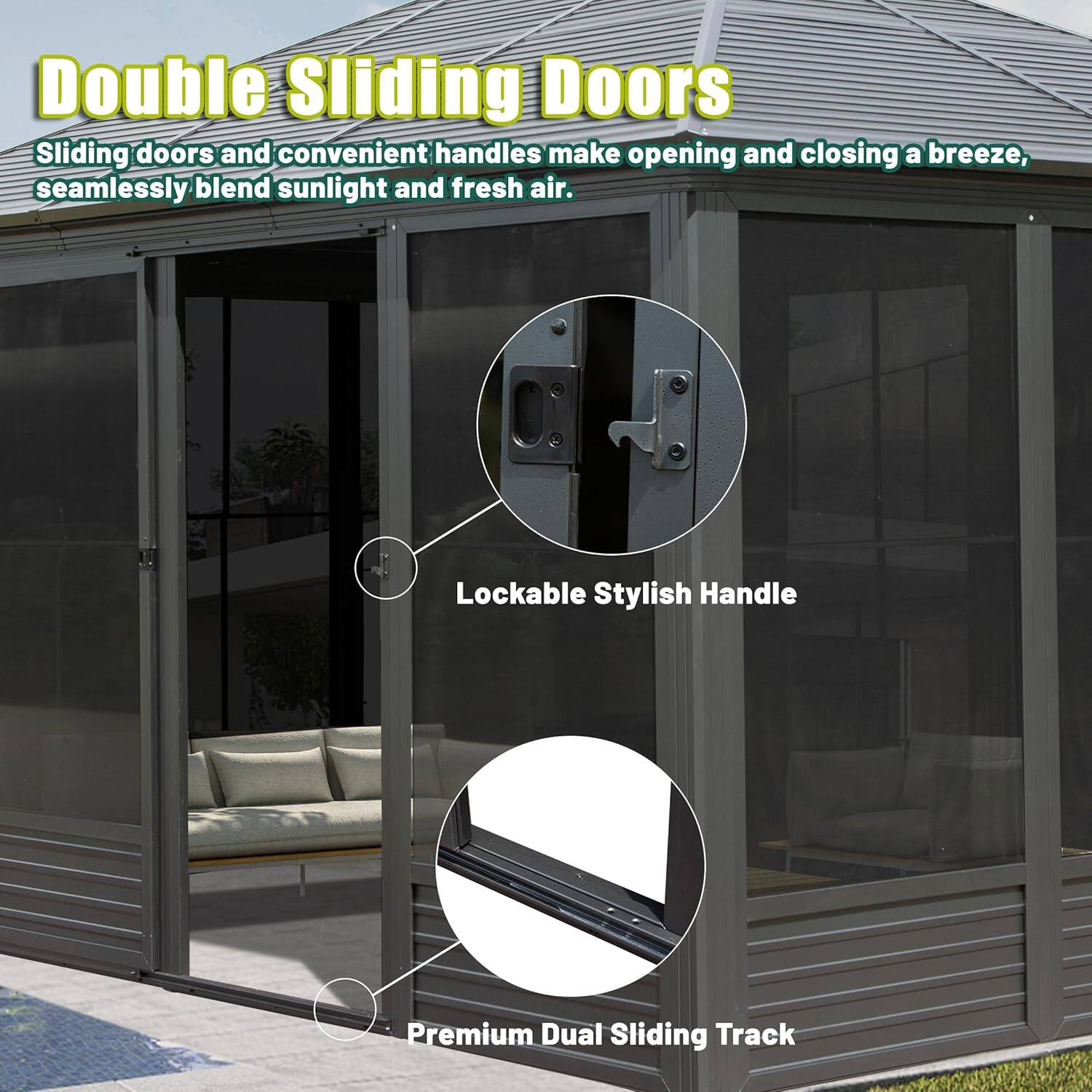 Double Sliding Doors

Sliding doors and convenient handles make opening and closing a breeze, seamlessly blend sunlight and fresh air.

- Lockable Stylish Handle
- Premium Dual Sliding Track