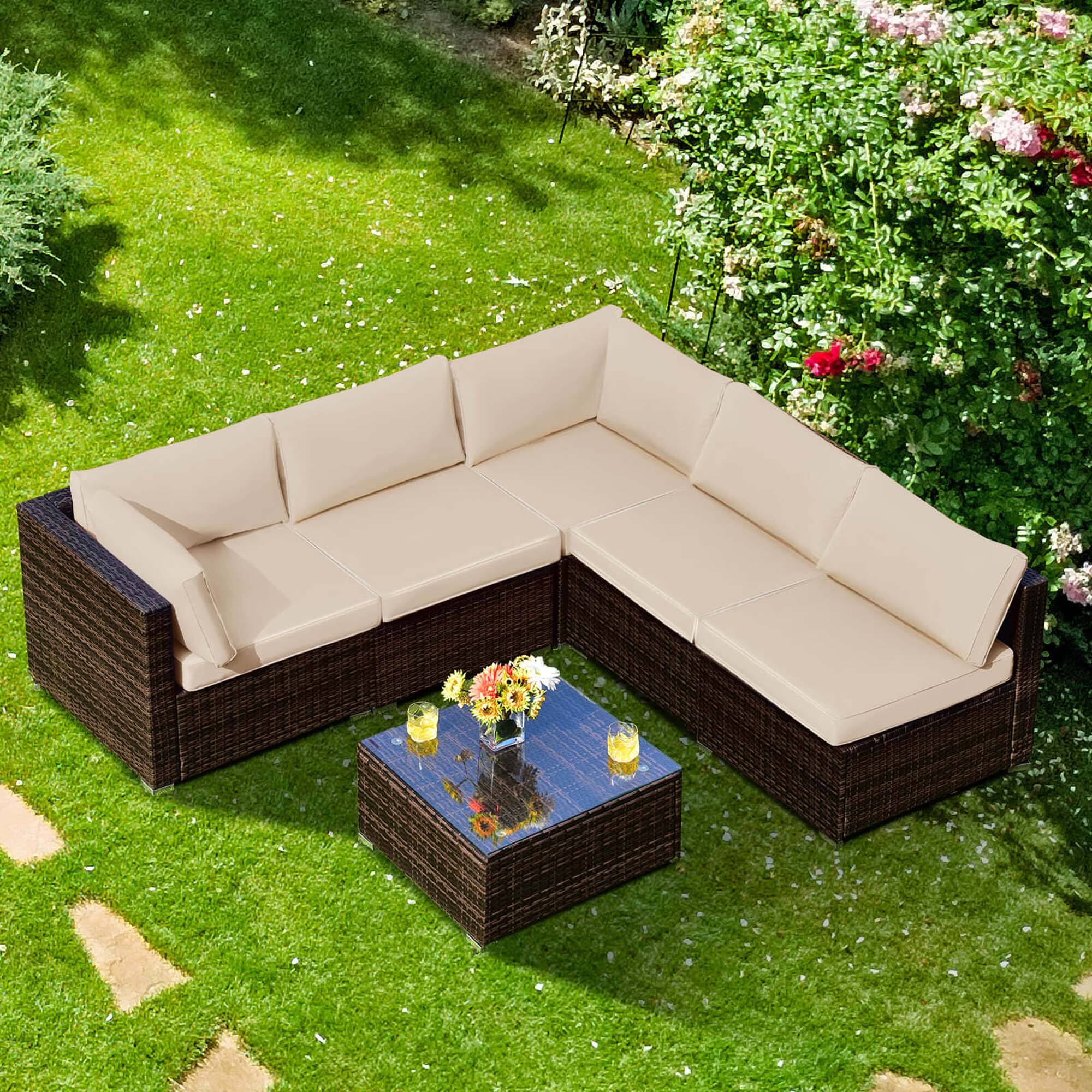 Alt View 1. Costway - 6PCS Patio Rattan Furniture Set Cushioned Sofa Coffee Table Garden - Mix Brown,Brown.