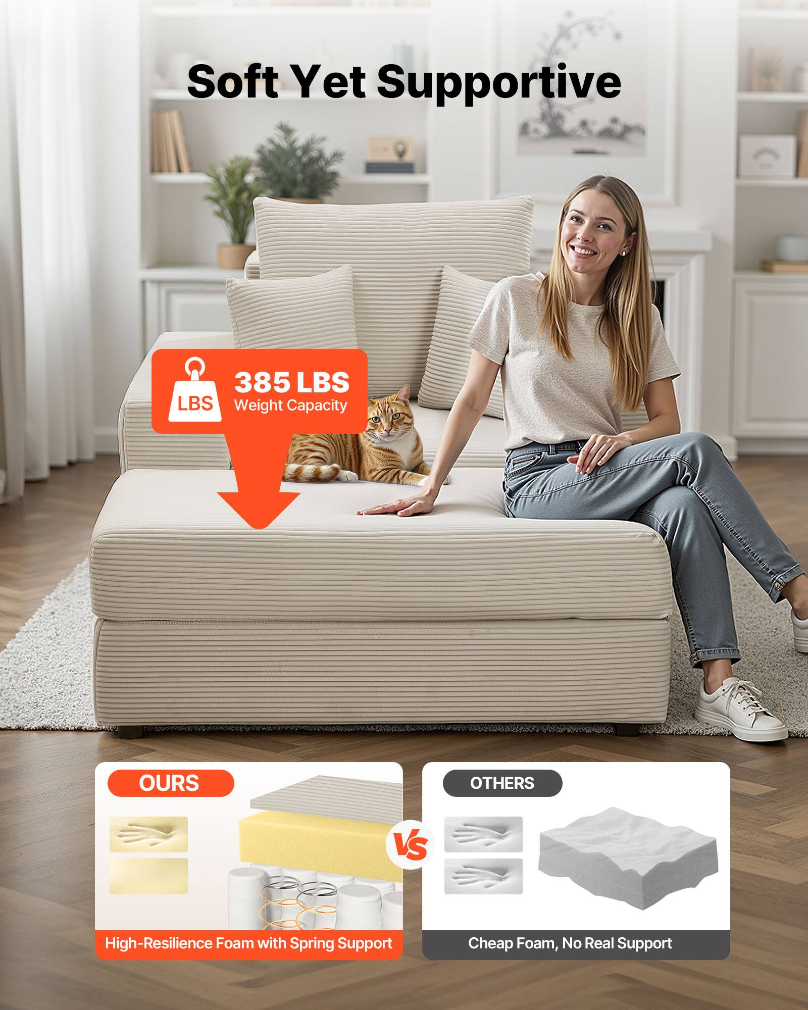 Soft Yet Supportive  
385 LBS Weight Capacity  

OURS vs OTHERS  
High-Resilience Foam with Spring Support  
Cheap Foam, No Real Support