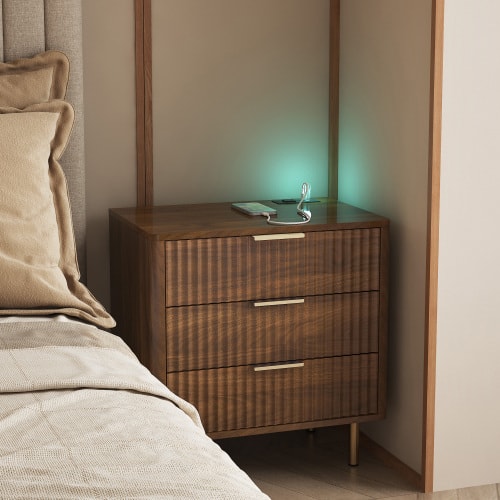 LUCKY ONE - Assembled Nightstand with Charging Station Voice Light USB Storage Cabinet - Wood