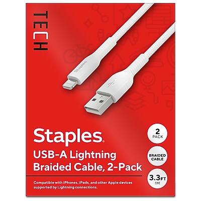 TECH Staples  
USB-A Lightning Braided Cable, 2-Pack  
3.3FT (1M)  
Compatible with iPhones, iPads, and other Apple devices supported by Lightning connections.