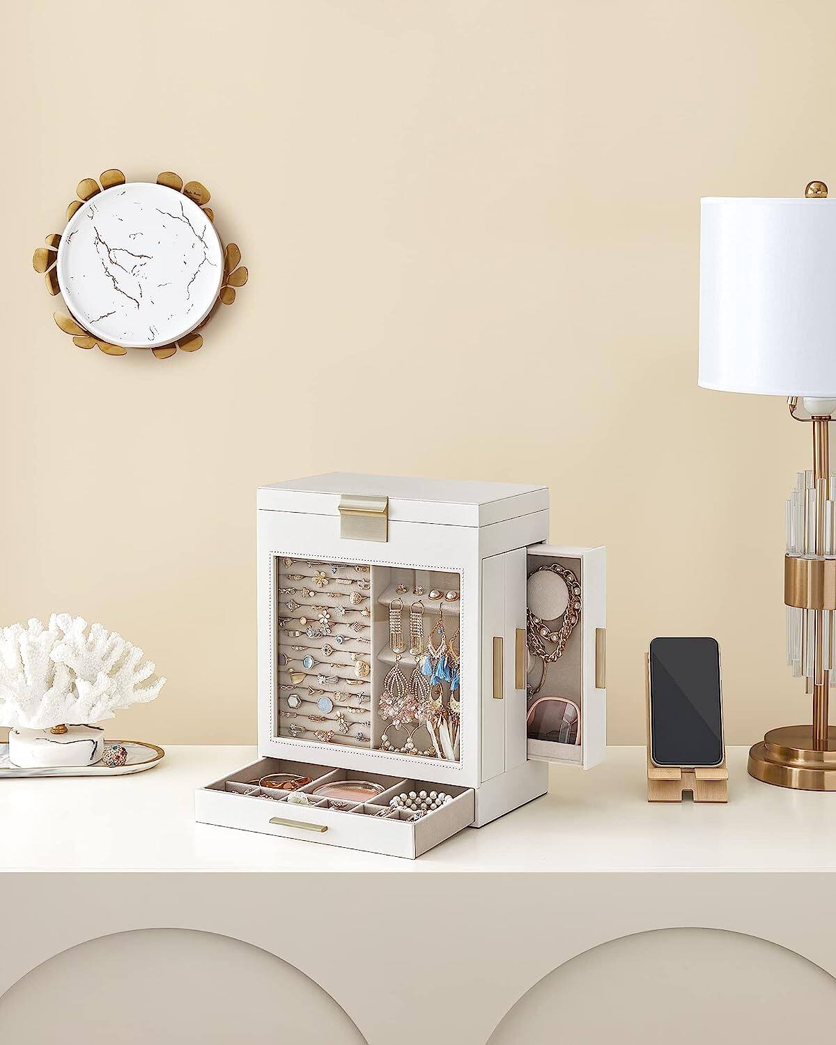 Alt View 4. Songmics Home - 5-Layer Modern Jewelry Organizer with 3 Side Drawers and Large Mirror - Cloud White and Metallic Gold - White.