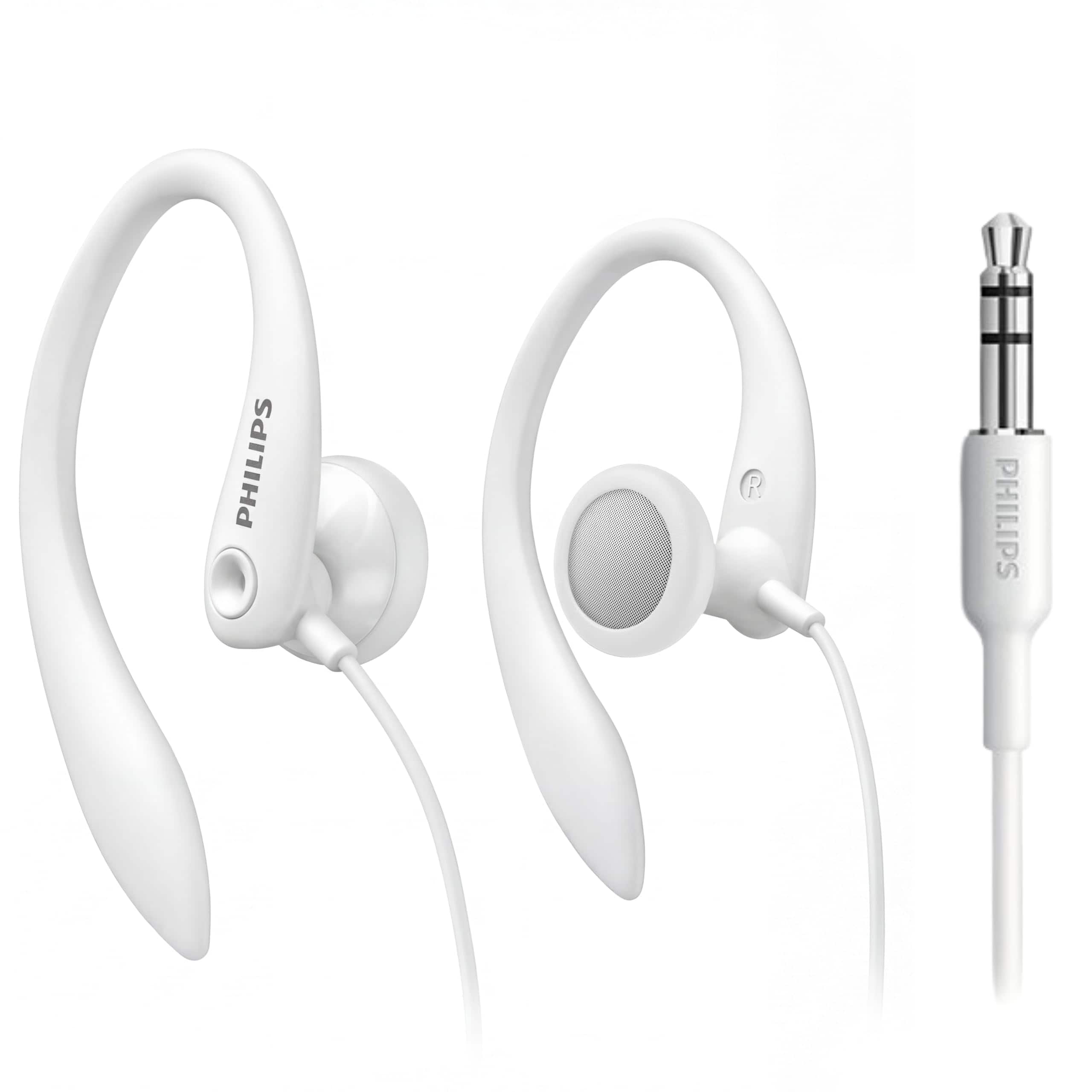 Philips - Wired Earhook Headphones, 15mm Driver, Secure Fit, 1.2m Cable, 3.5mm Jack - White