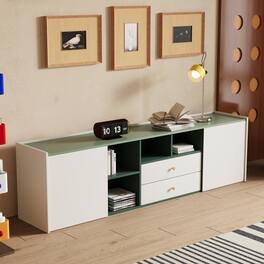 luck idea - Modern Minimalist 78.7” TV Stand, Gold Pulls & Hidden Handles, Large Storage Media Console - Green
