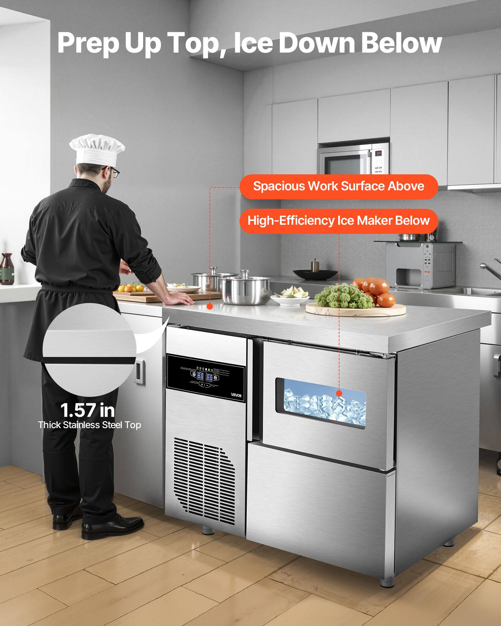 Prep Up Top, Ice Down Below

- Spacious Work Surface Above
- High-Efficiency Ice Maker Below

1.57 in Thick Stainless Steel Top