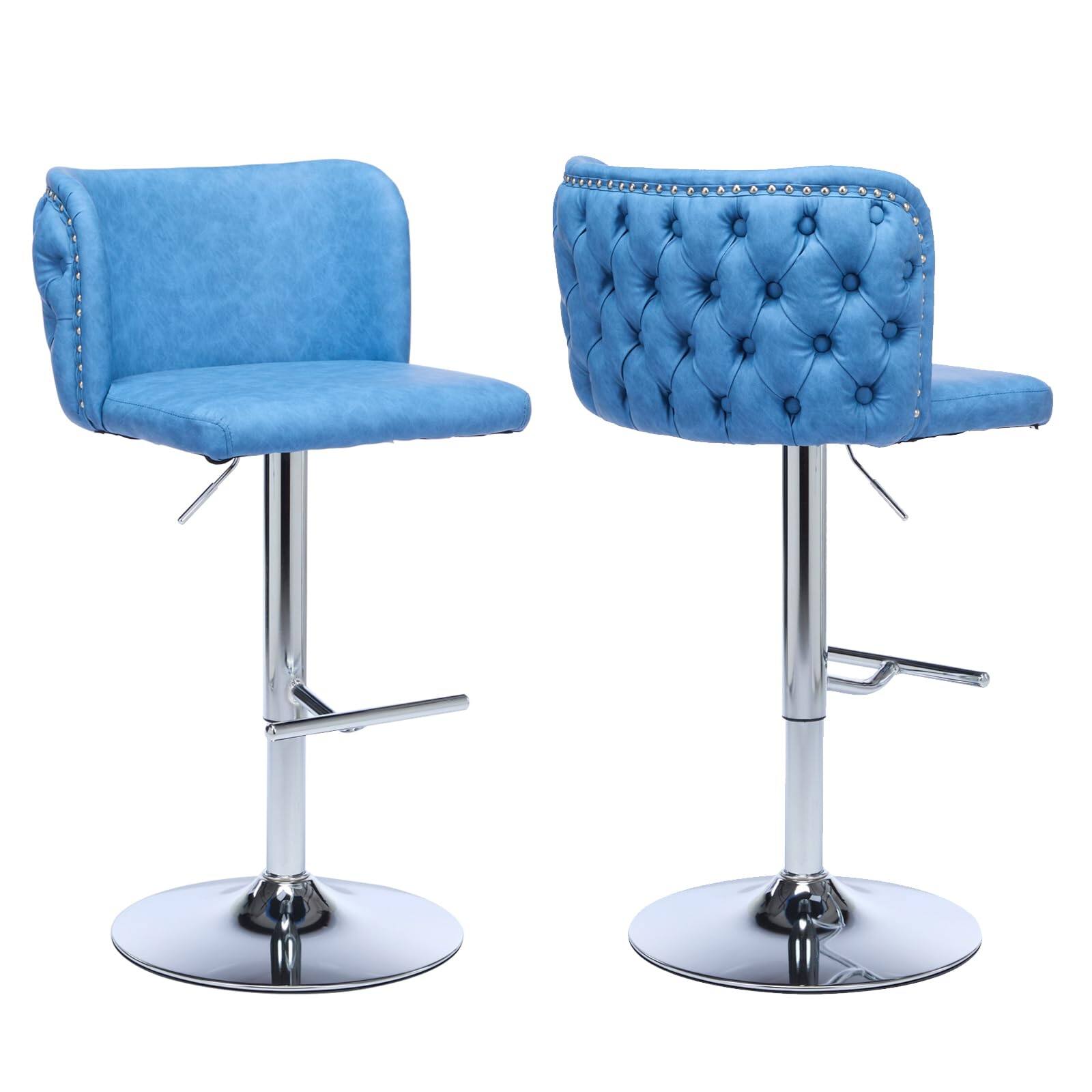 Glintex - Swivel Barstools Adjusatble Seat Height With Chrome Base, PU Upholstered Bar Stools , whole Back Tufted, Set of 2 - Blue