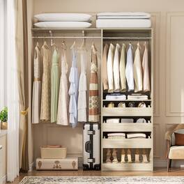 Aheaplus - 60'' Wide Closet System with 3 Drawers, 2 Hanging Rods, and Side Shelf, Hanging Closet for Closet, Bedroom - Beige Oak