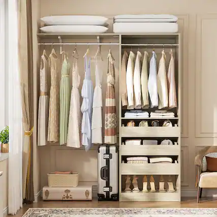 Front. Aheaplus - 60'' Wide Closet System with 3 Drawers, 2 Hanging Rods, and Side Shelf, Hanging Closet for Closet, Bedroom - Beige Oak.