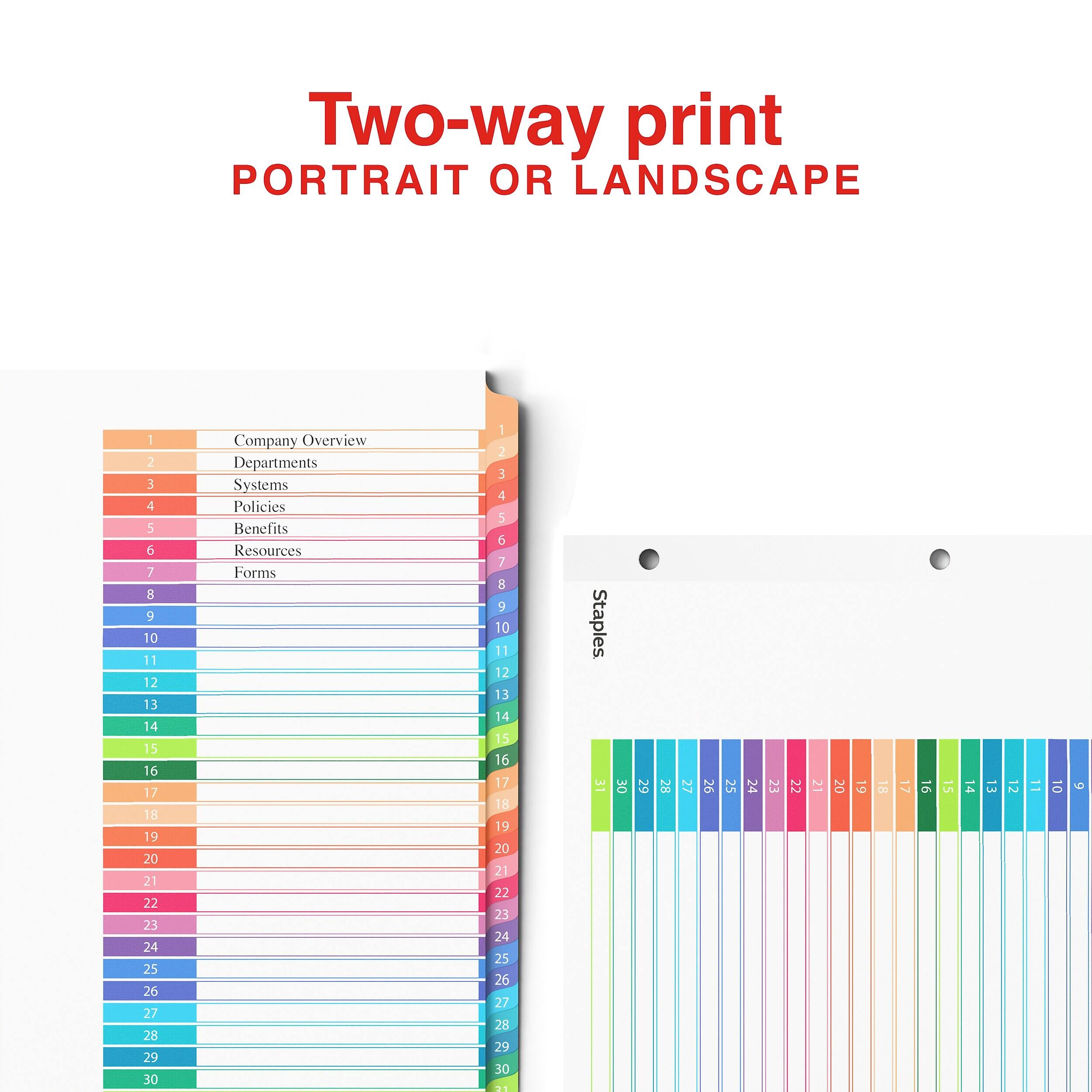 Two-way print PORTRAIT OR LANDSCAPE

1 2 3 4 5 6 7 8 9 10 11 12 13 14 15 16 17 18 19 20 21 22 23 24 25 26 27 28 29 30

Company Overview Departments Systems Policies Benefits Resources Forms

1 2 3 4 5 6 7 8 9 10 11 12 13 14 15 16 17 18 19 20 21 22 23 24 25 26 27 28 29 30

Staples. 31 30 29 28 27 26 25 24 23 22 21 20 19 18 17 16 15 14 13 12 11 10 9