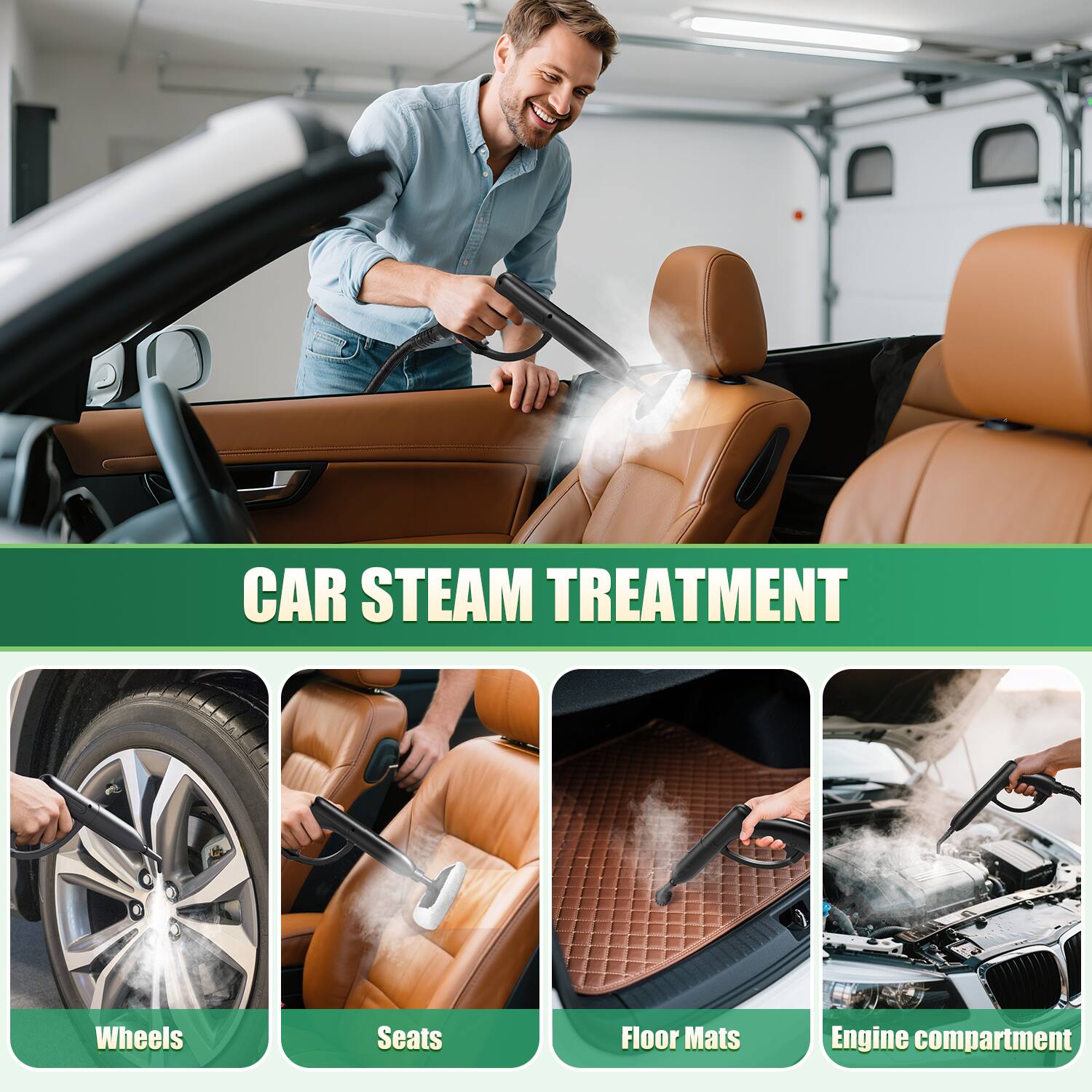 CAR STEAM TREATMENT

- Wheels
- Seats
- Floor Mats
- Engine compartment