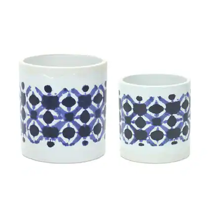 Front. BreeBe - Tie-Dye Print Ceramic Pot (Set of 2) - White, Blue.