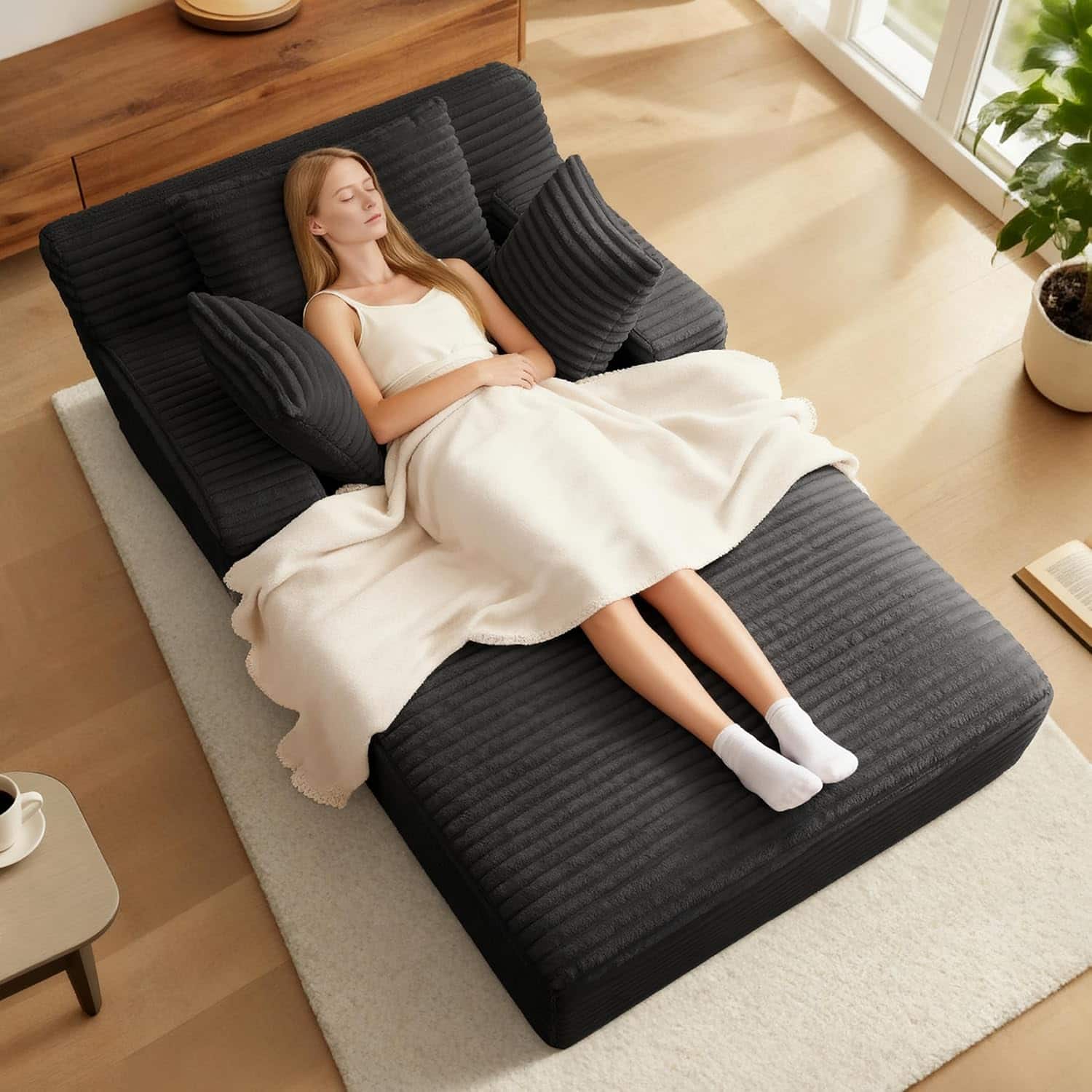 Front. Aukfa - 78.7" Corduroy Recliner Sofa Bed , No Assembly , Oversized Upholstered ,2 Pillows Chaise for Living Room & Bedroom - Black.