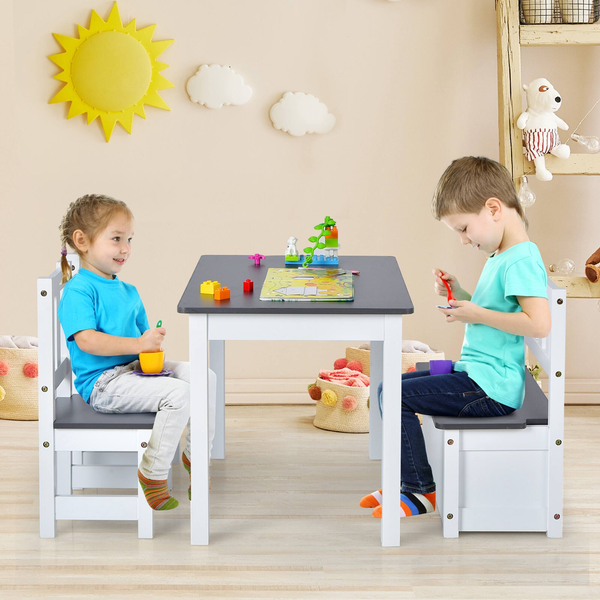 Alt View 4. Costway - Costway 4 PCS Kids Wooden Activity Table & Chairs Set with Storage Bench Study Desk - Grey,White.