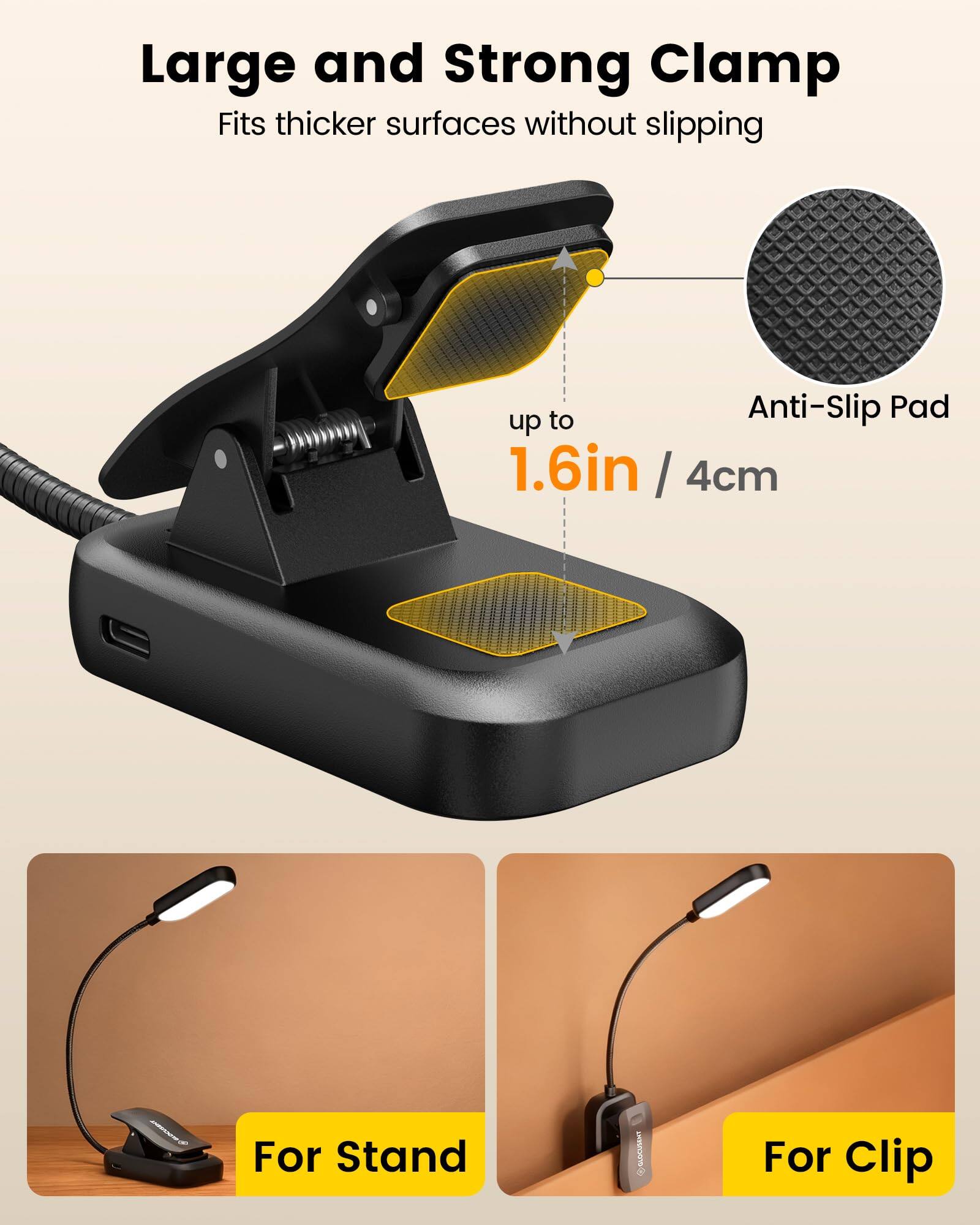 Large and Strong Clamp  
Fits thicker surfaces without slipping  

Anti-Slip Pad up to 1.6in / 4cm  

For Stand  
For Clip