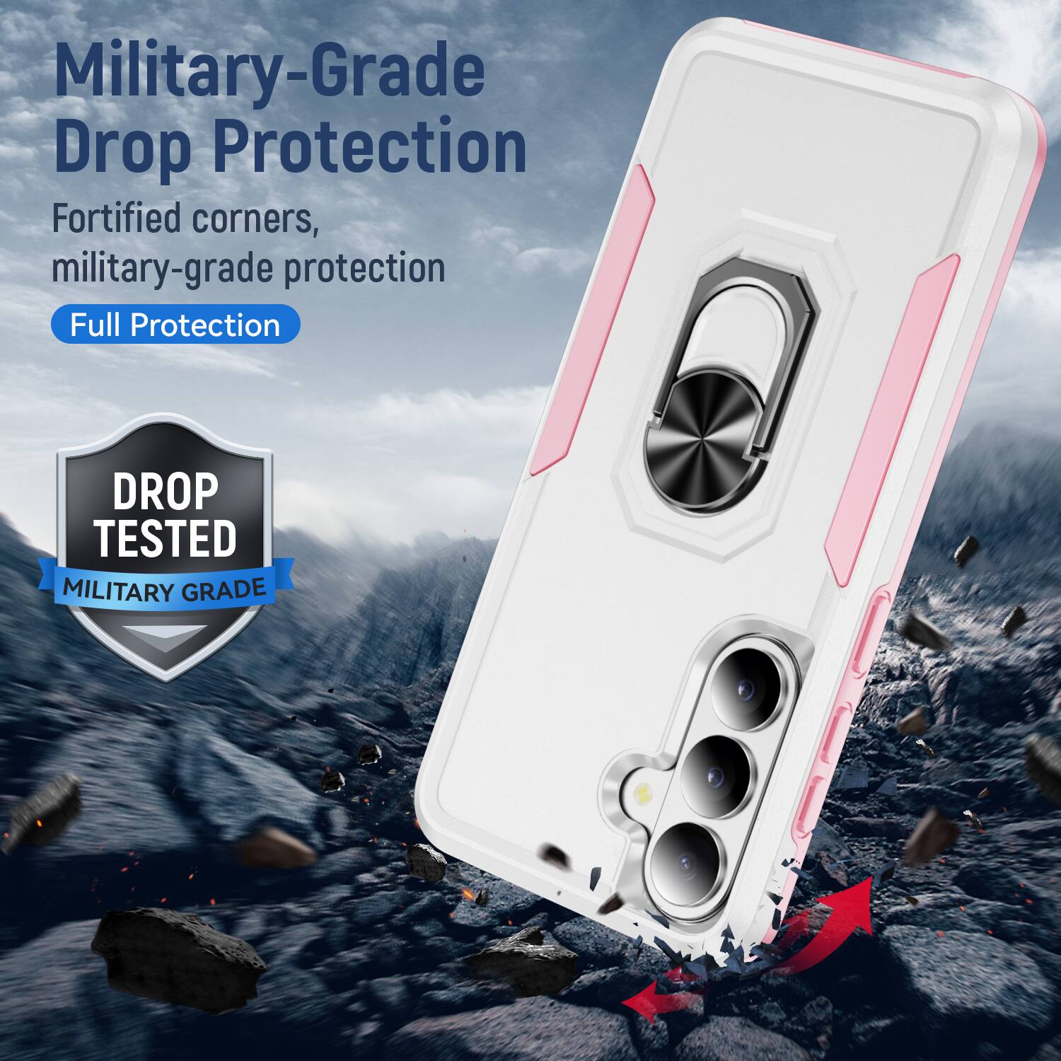 Military-Grade Drop Protection  
Fortified corners, military-grade protection  
Full Protection  

DROP TESTED  
MILITARY GRADE