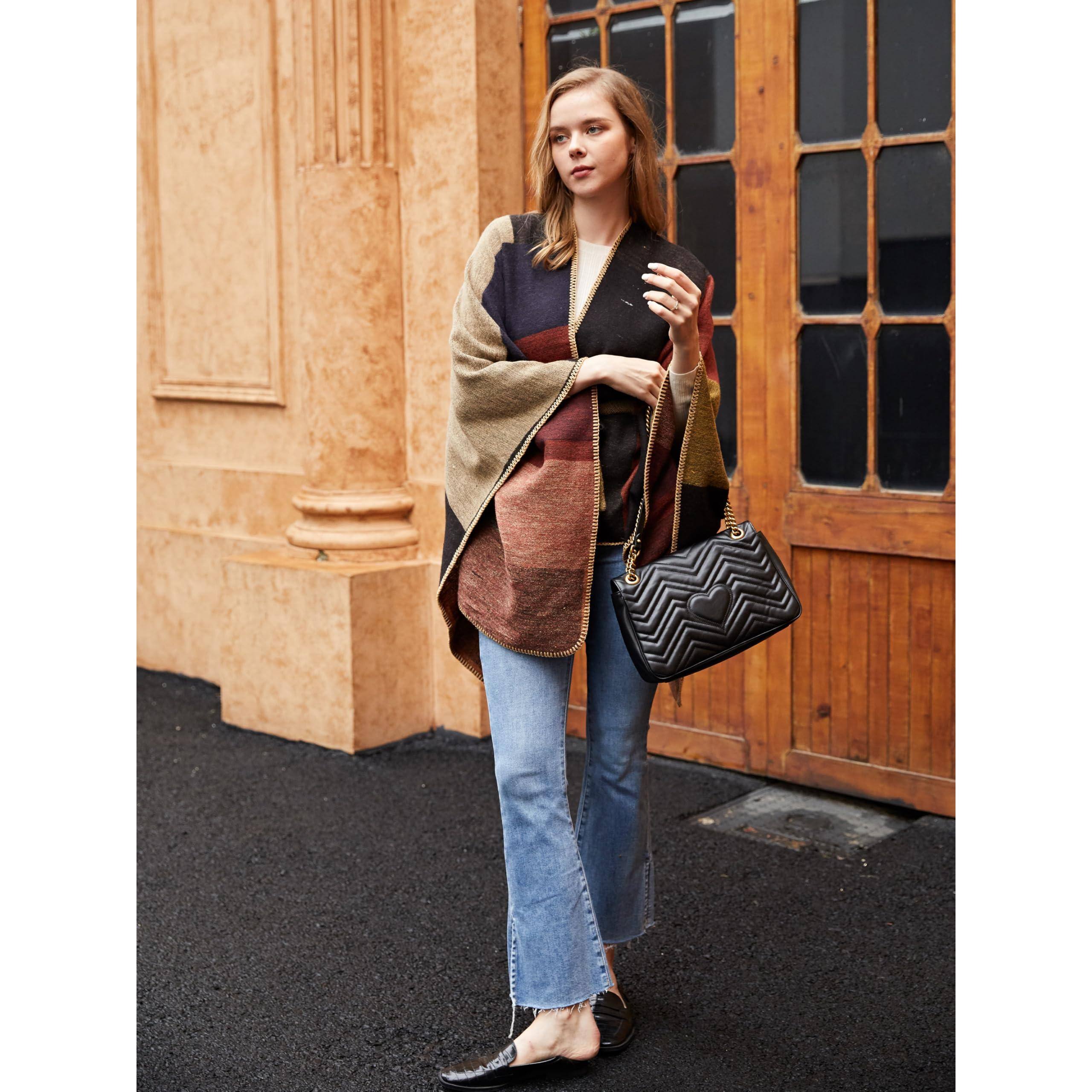 Alt View 2. Pacoar Cade - Women's Printed Shawl Wrap Fashionable Open Front Poncho Cape Gift For Women 【EXTRA SURPRISE】 poncho cape for women, - A-a Brown Black.