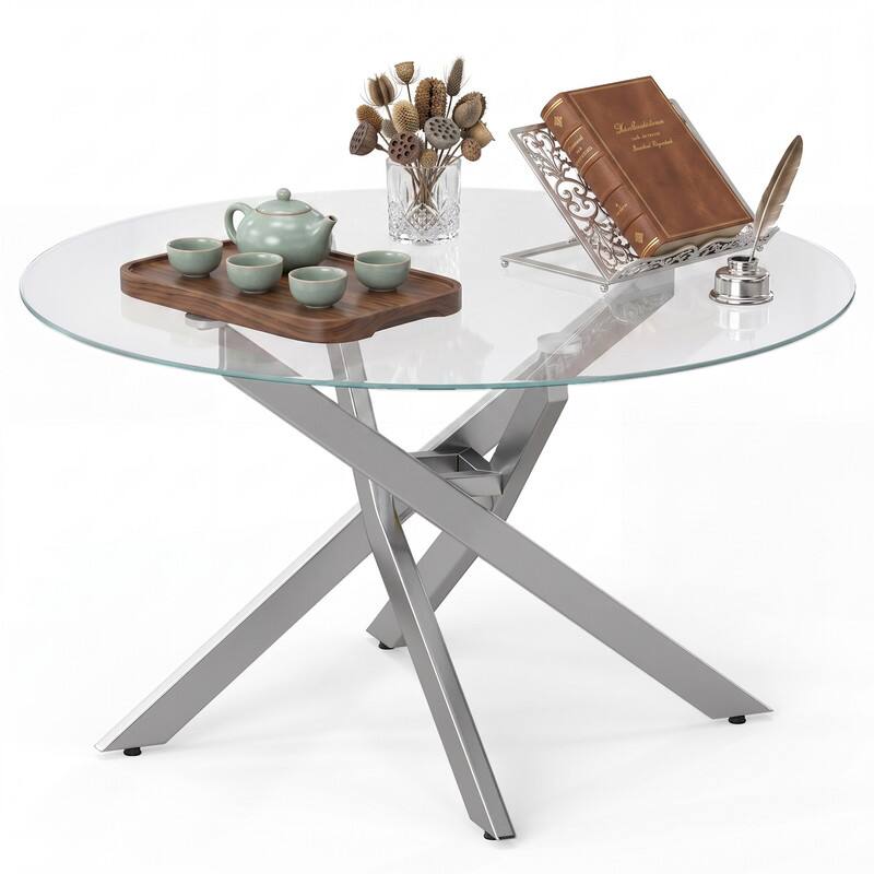 Left. WELLFOR - 31.5" Round Coffee Table with Tempered Glass Top &Metal Leg, Modern Center Table Cocktail Tea Table for Living Room - Silver.