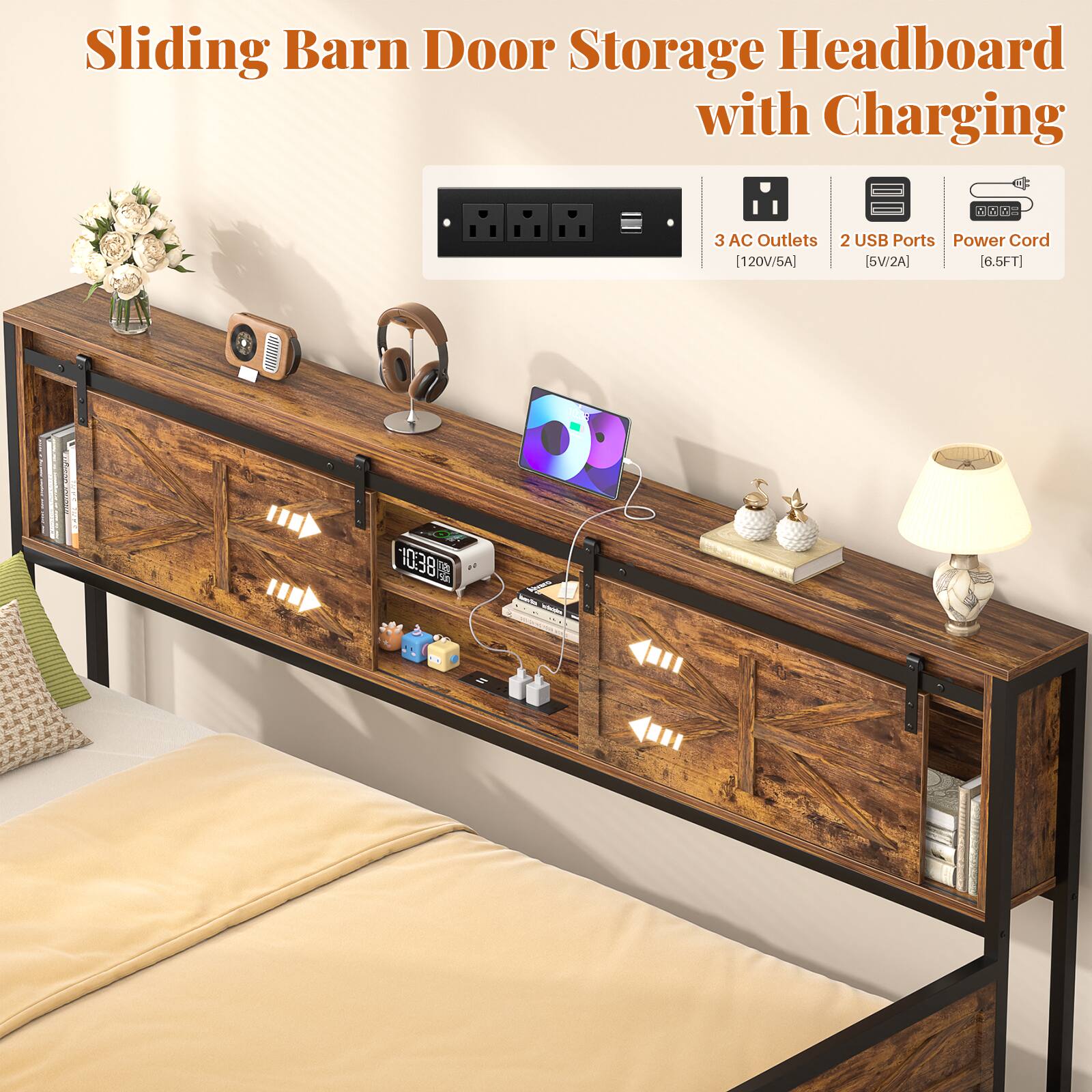 Sliding Barn Door Storage Headboard with Charging

- 3 AC Outlets [120V/5A]
- 2 USB Ports [5V/2A]
- Power Cord [6.5FT]