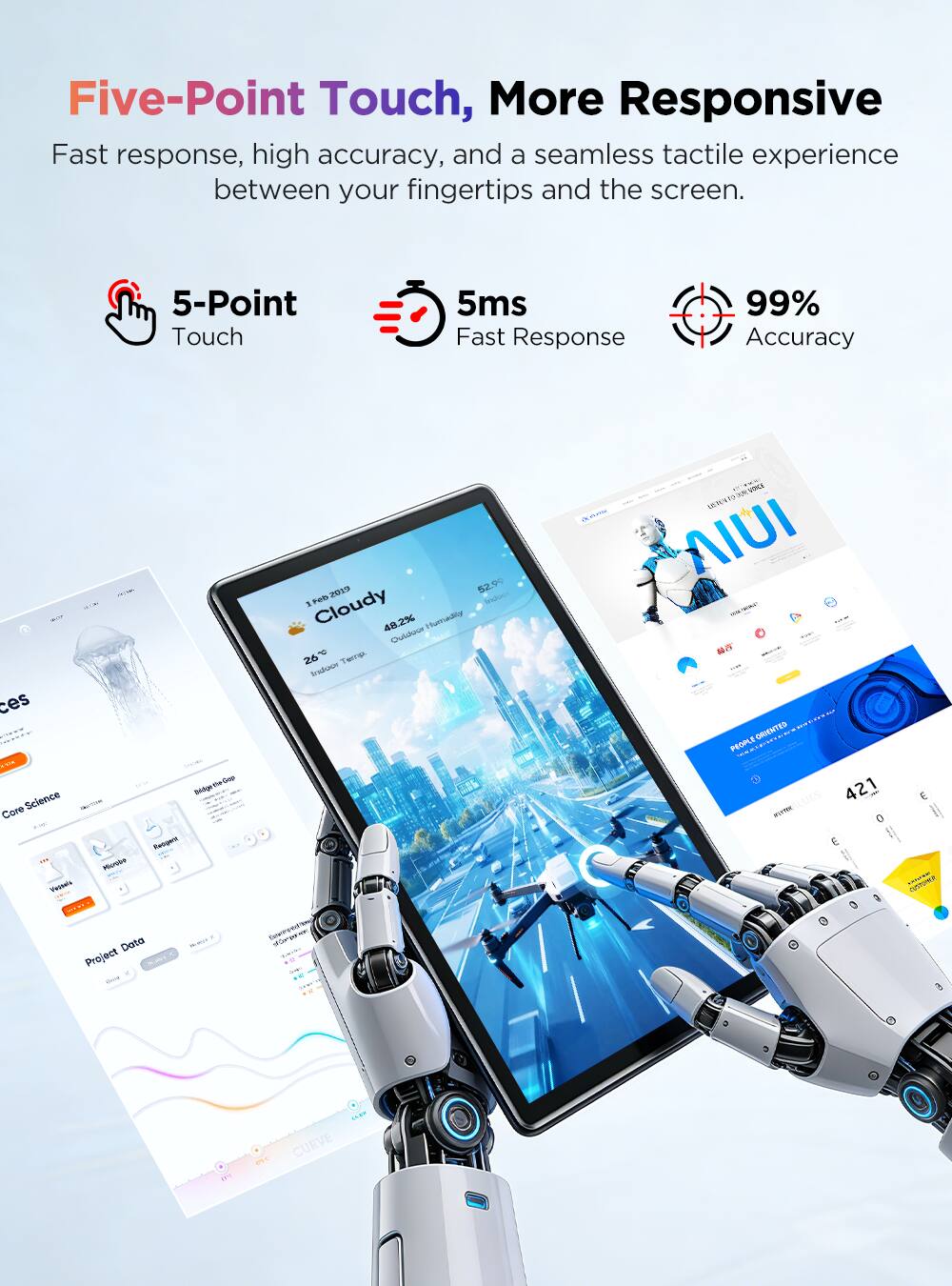 Five-Point Touch, More Responsive  
Fast response, high accuracy, and a seamless tactile experience between your fingertips and the screen.

5-Point Touch  
5ms Fast Response  
99% Accuracy

ces Core Science MUNICION - ... Microbe Wessels  
ooo Bidger Redgent  
2019 52.99 1 Feb Indock Cloudy 48.2% Humidity Outdoor 26% Temp. Indoor

--- AIUI - -  ORIENTED PEOPLE THEMIALS 421 NUYTIC  
CUSTOMER  
Data Project  
PERVIA  
19  
CURVE