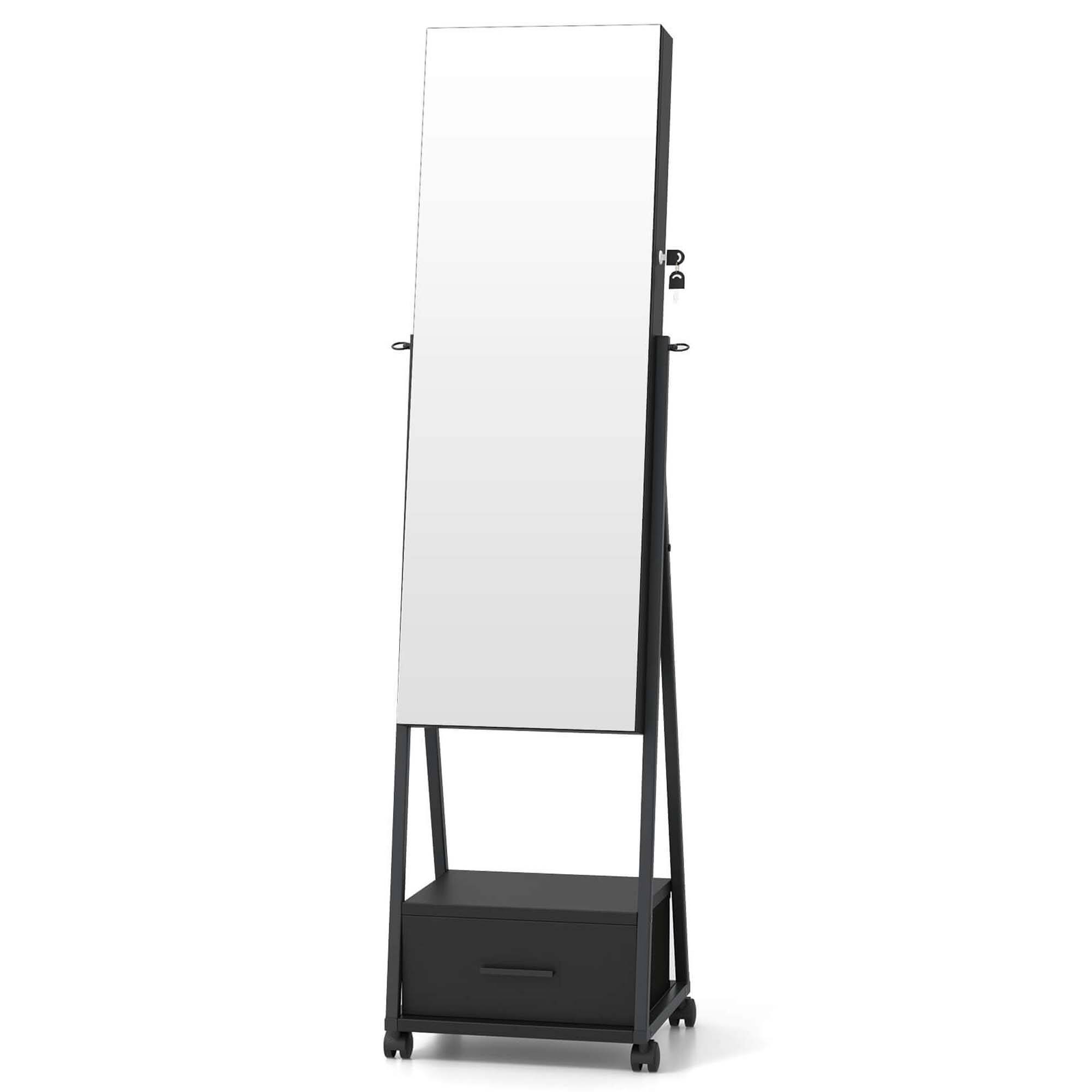 Alt View 16. Costway - Jewelry Cabinet Armoire Full Length Mirror Lockable with Bottom Drawer & Wheels Black - Black.