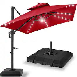 Best Choice Products - 12x12ft 2-Tier Square Outdoor Solar LED Cantilever Umbrella w/ 360-Rotating Base - Red