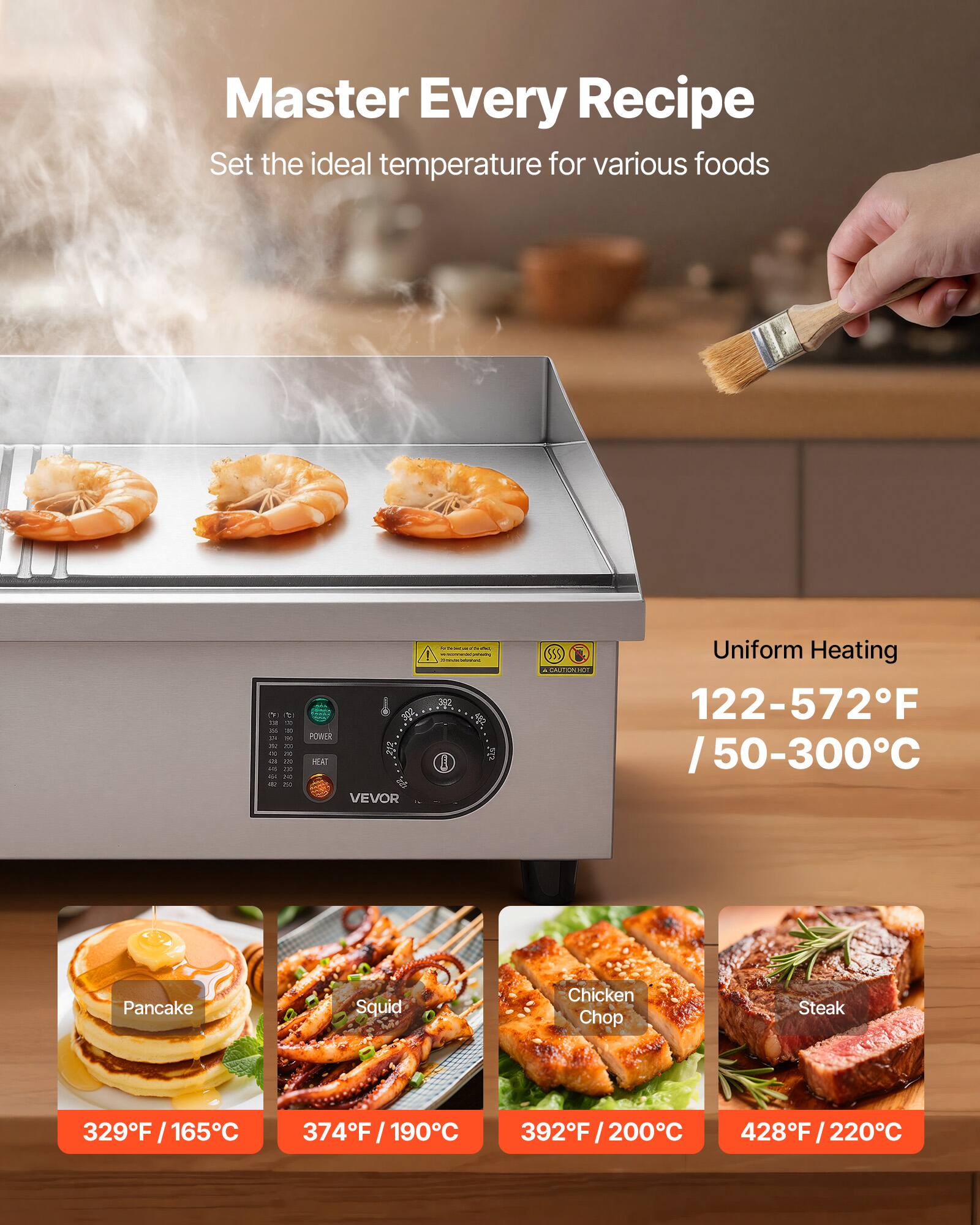 Master Every Recipe  
Set the ideal temperature for various foods

Uniform Heating  
122-572°F / 50-300°C

Pancake  
329°F / 165°C

Squid  
374°F / 190°C

Chicken Chop  
392°F / 200°C

Steak  
428°F / 220°C