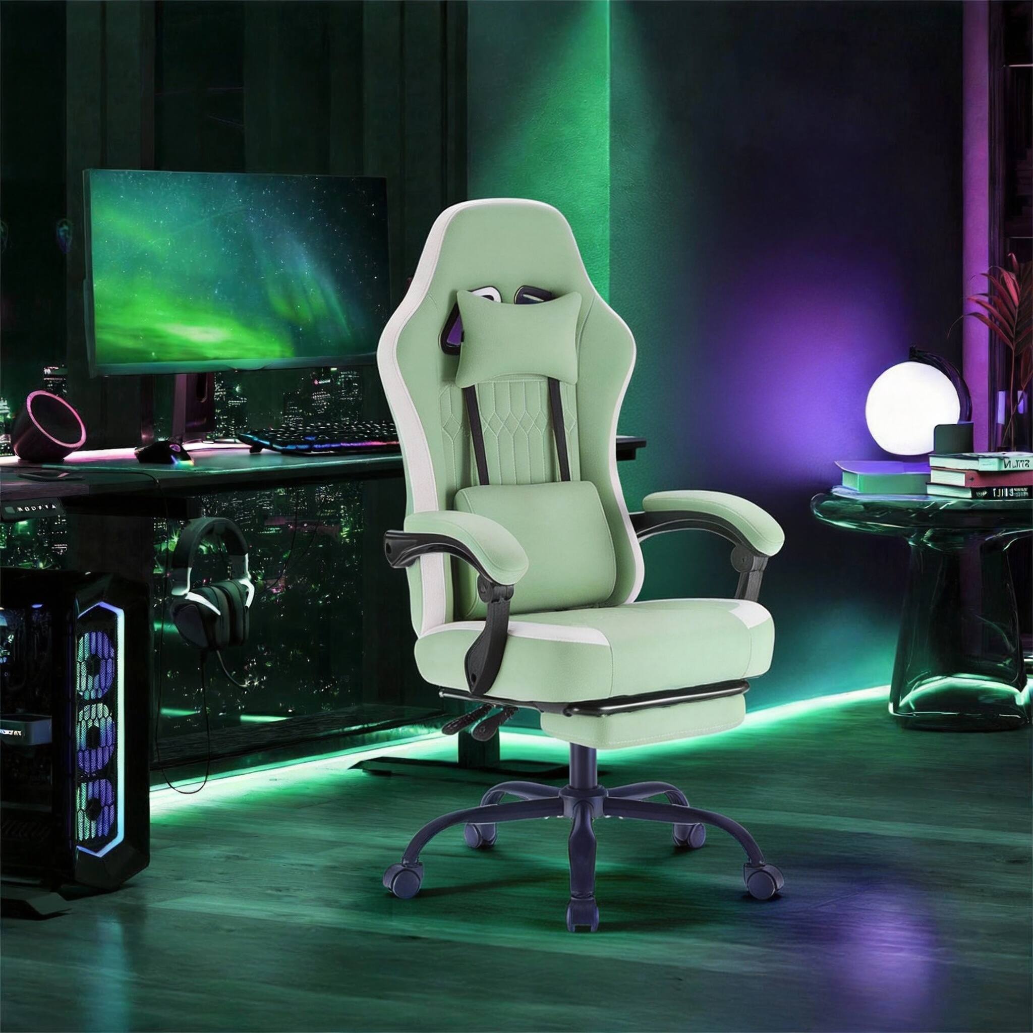 Alt View 1. Frangdom - Ergonomic Gaming Chair High Back Footrest Lumbar Support Adjustable - Light Green Leathaire cloth.