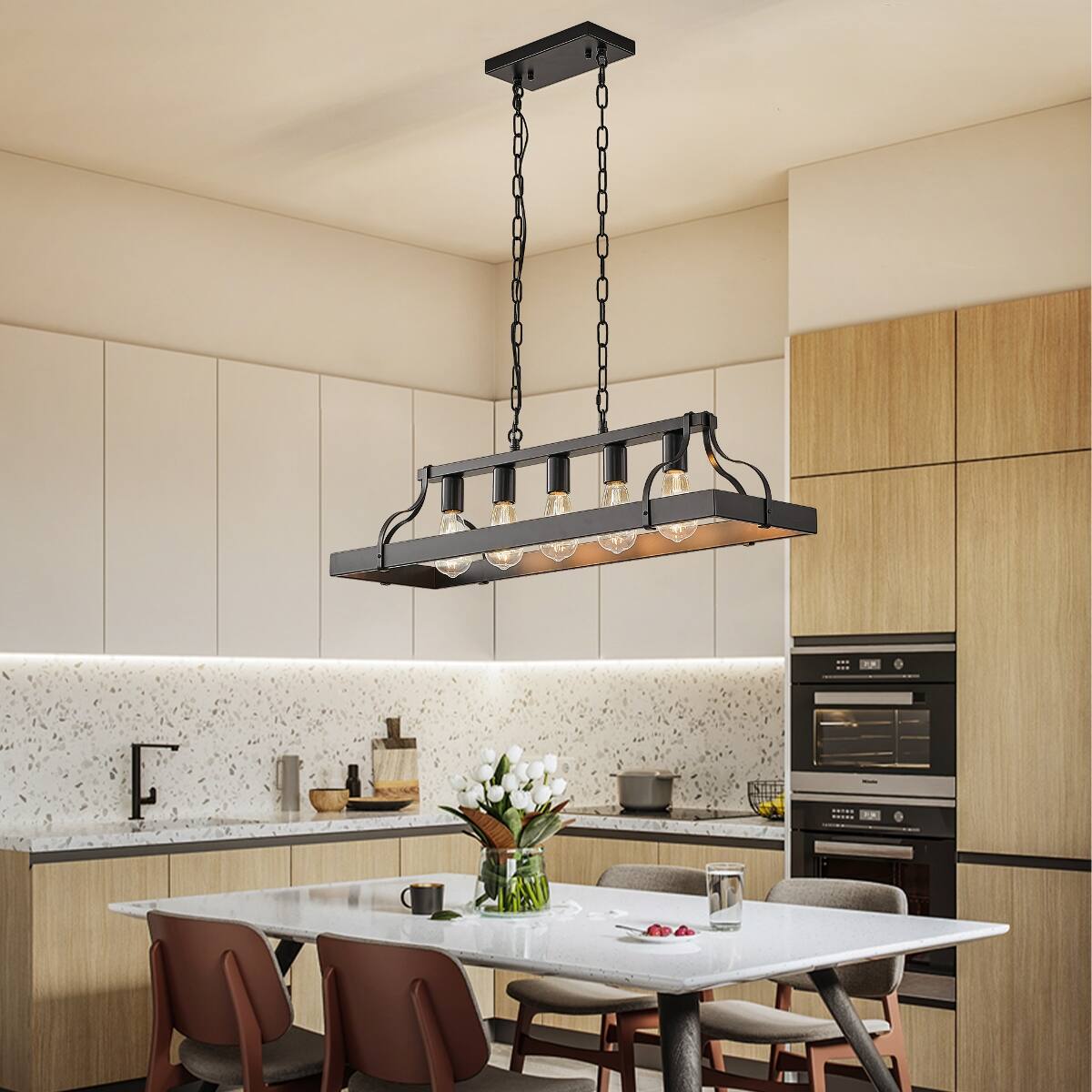 Loheer - 34 Inch Black Pendant Light, Five Light E26 Industrial Linear Chandelier with Adjustable Chain