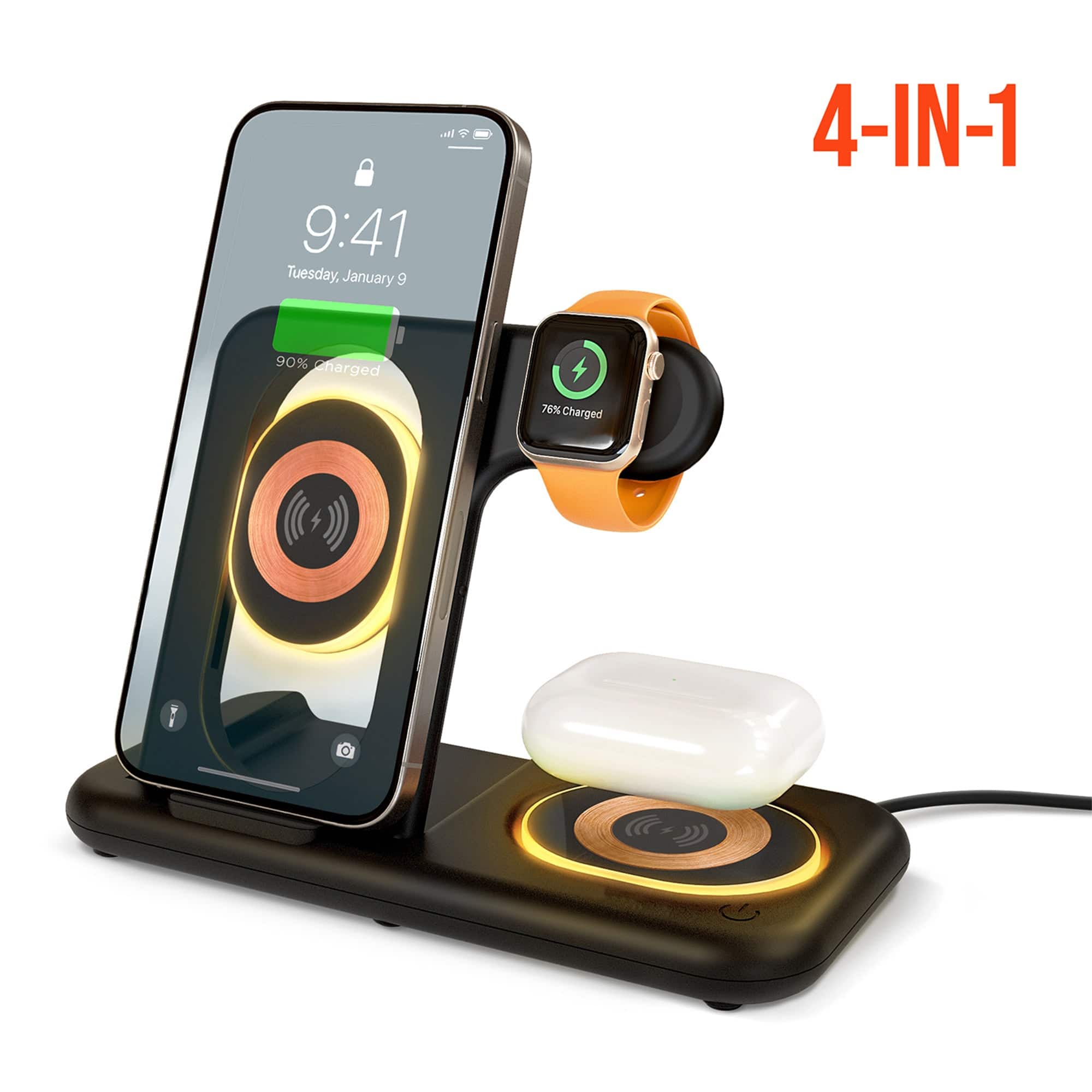 iBasics - 4-in-1 Foldable Wireless Charging Stand, 15W Charger for iPhone & Watch