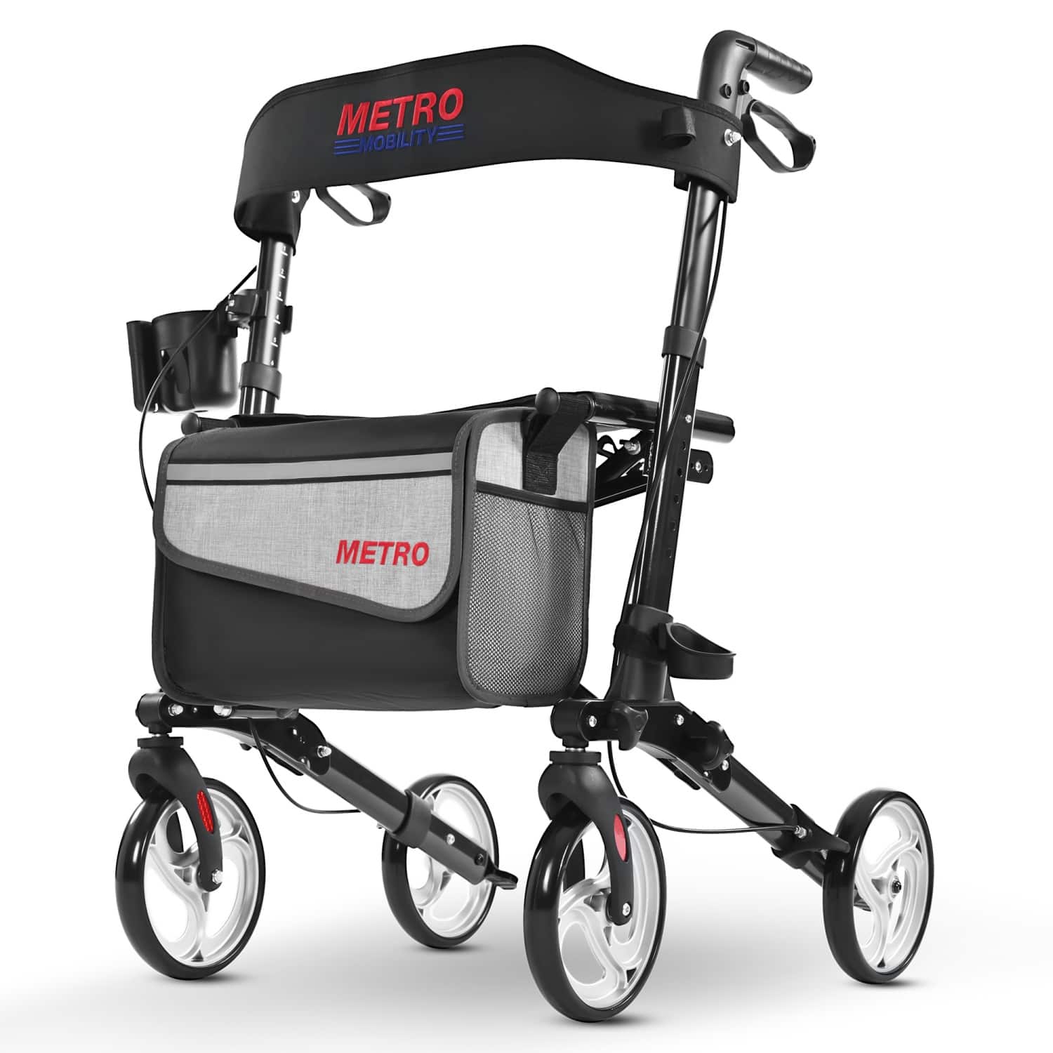Metro Mobility - M931 Rollator Walker with Seat for Seniors, Foldable Rolling Walking, 8" Wheels for All Terrain, 300 lb Capacity - Black