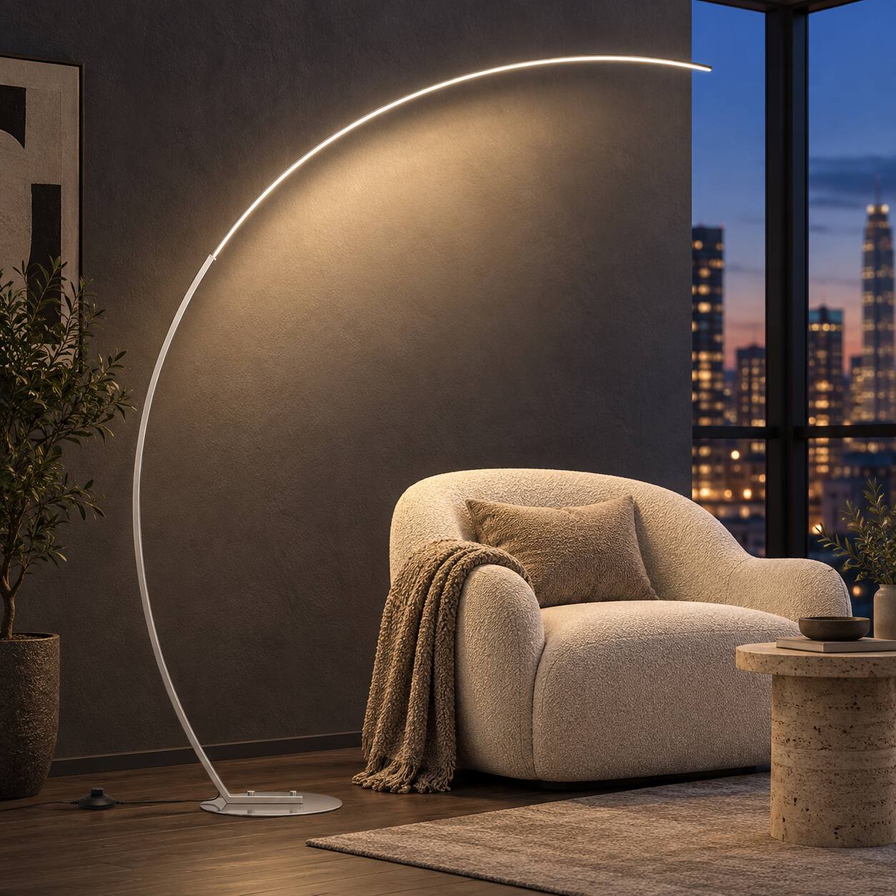 Alt View 2. E.P. Light - 70" Contemporary Silver Curved Arc Floor Lamp with Remote & Foot Pedal - Silver.