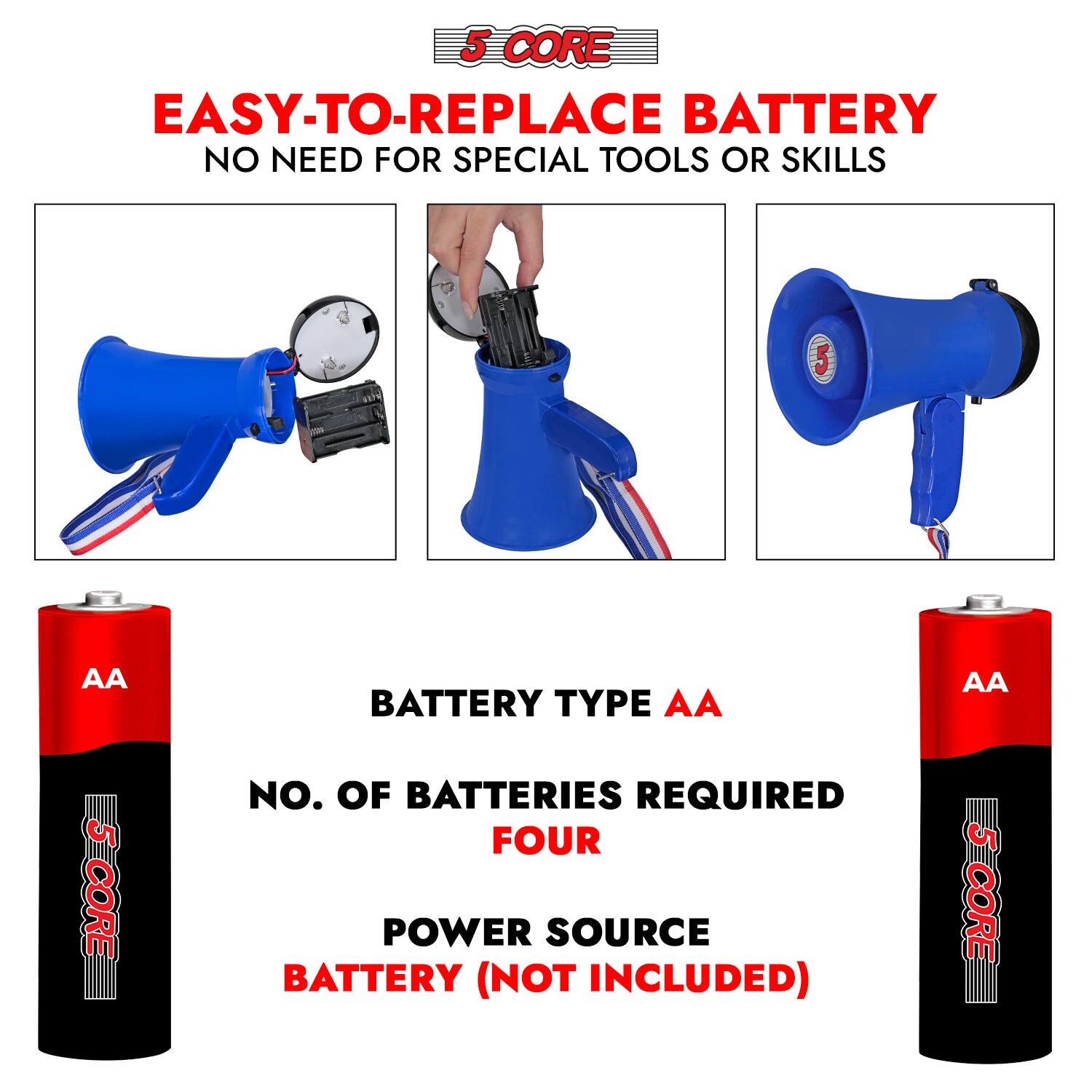 5 CORE

EASY-TO-REPLACE BATTERY  
NO NEED FOR SPECIAL TOOLS OR SKILLS

BATTERY TYPE AA  
NO. OF BATTERIES REQUIRED FOUR  
POWER SOURCE BATTERY (NOT INCLUDED)