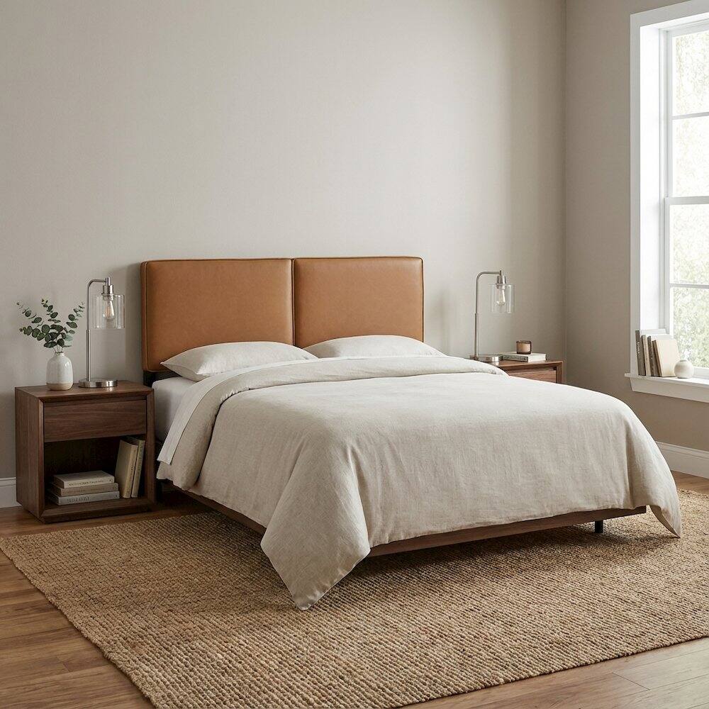 Left. FurniFact - Vegan Leather Queen Headboard in Neutral Tone, Durable Finish, Elegant Design - Beige.
