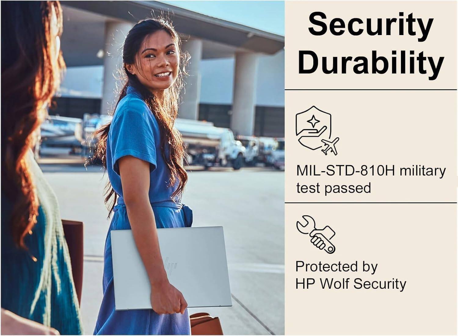 Security Durability

- MIL-STD-810H military test passed
- Protected by HP Wolf Security