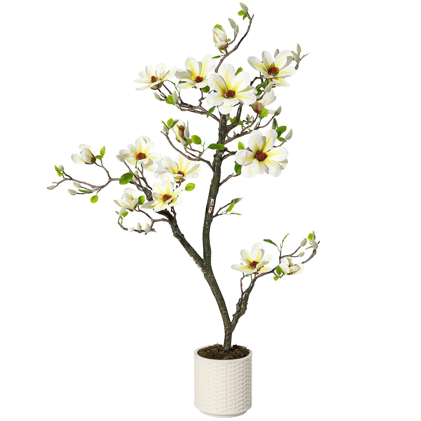 Alt View 2. Homhougo - 4FT Artificial Magnolia Tree with Realistic White Flowers & Lush Green Leaves - Green.