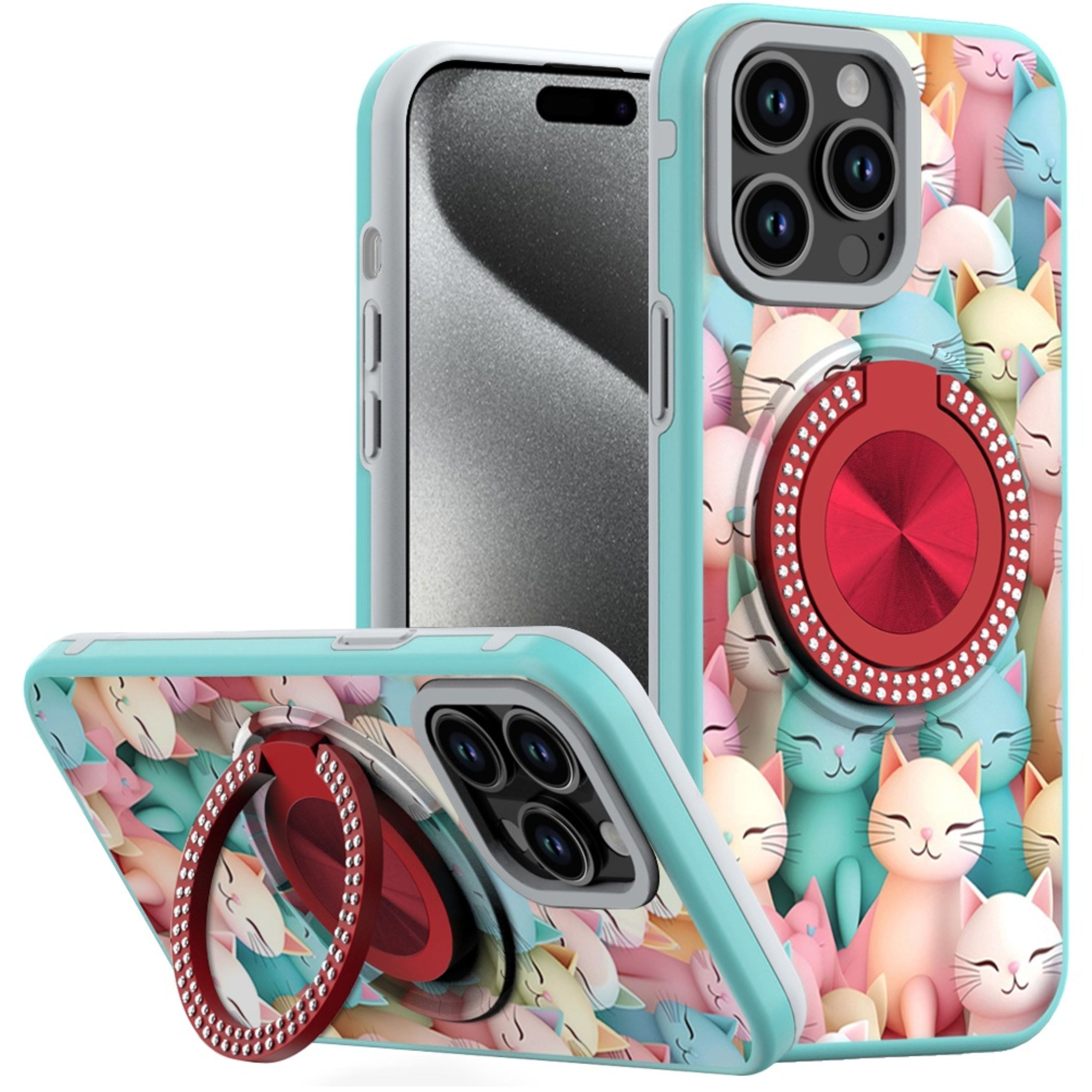 Kitcheniva - Printed Bling Stand Case With 2 Tempered Glass For iPhone 15 Pro Max Cats - Multicolor price history on PriceWatchPro