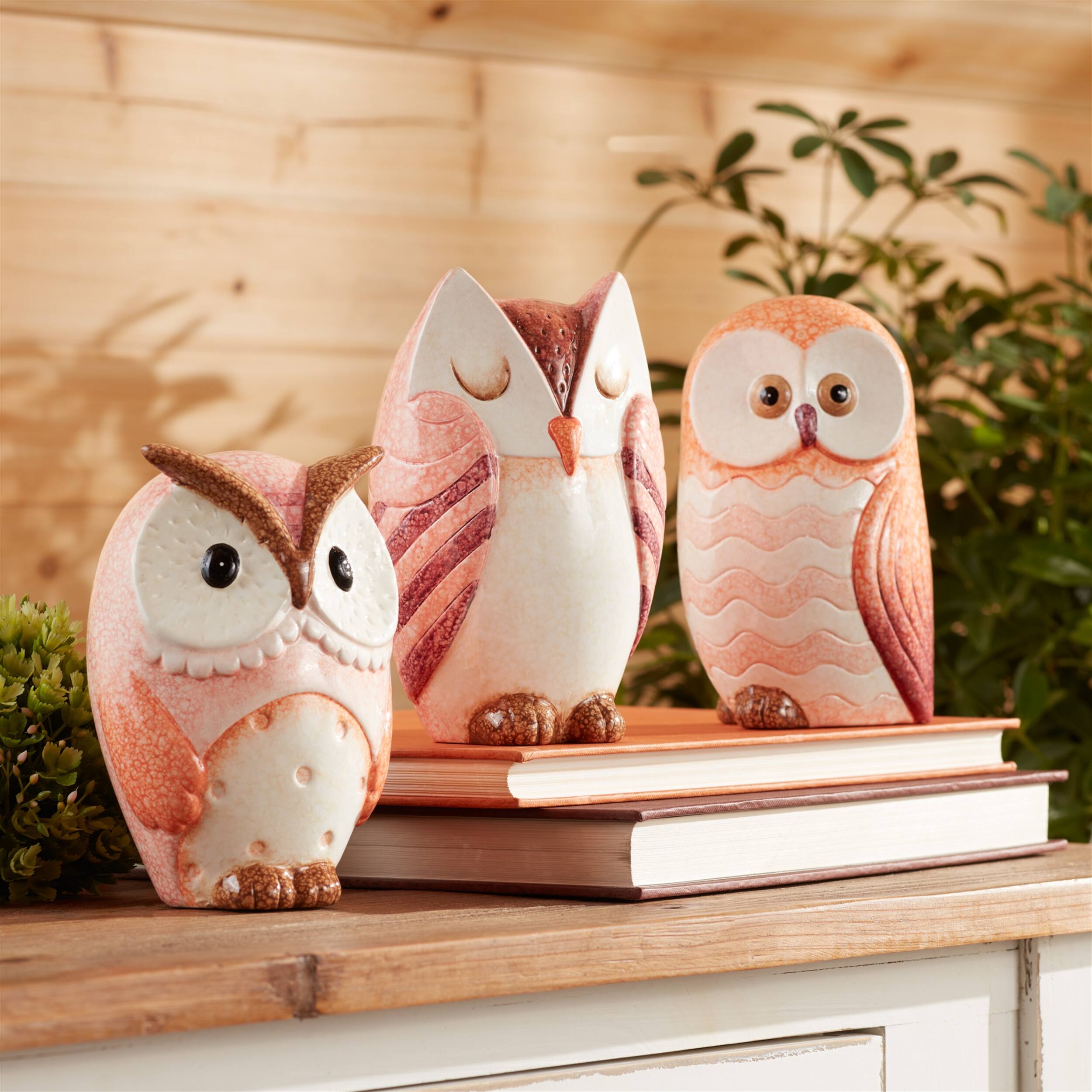 Alt View 2. BreeBe - Terra Cotta Owl Decor (Set of 3) - Pink, Beige.