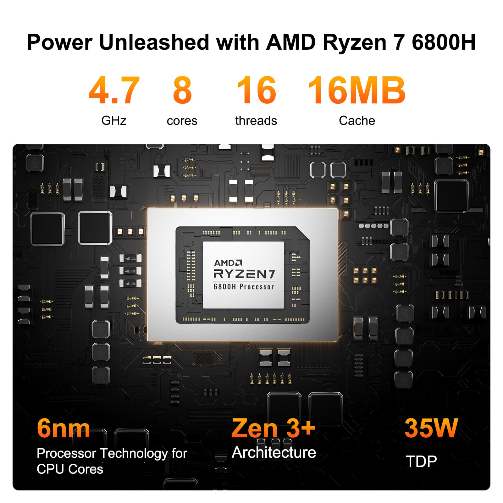 Power Unleashed with AMD Ryzen 7 6800H
4.7 GHz
8 cores
16 threads
16MB Cache
AMD RYZEN7 6800H Processor
6nm Processor Technology for CPU Cores
Zen 3+ Architecture
35W TDP