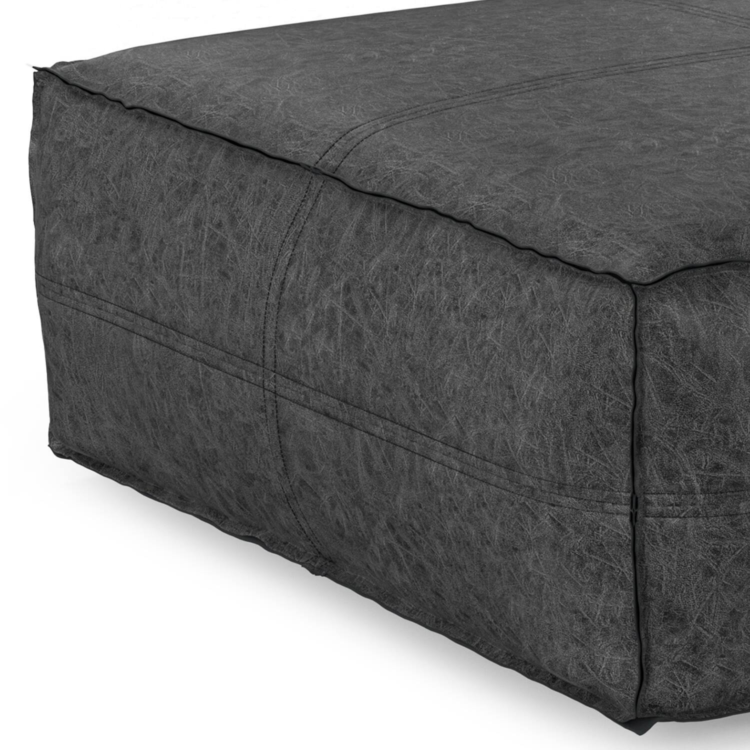 Alt View 4. Simpli Home - Brody 36 inch Wide Boho Square Extra Large Coffee Table Pouf in Distressed Black Vegan Faux Leather - Distressed Black.