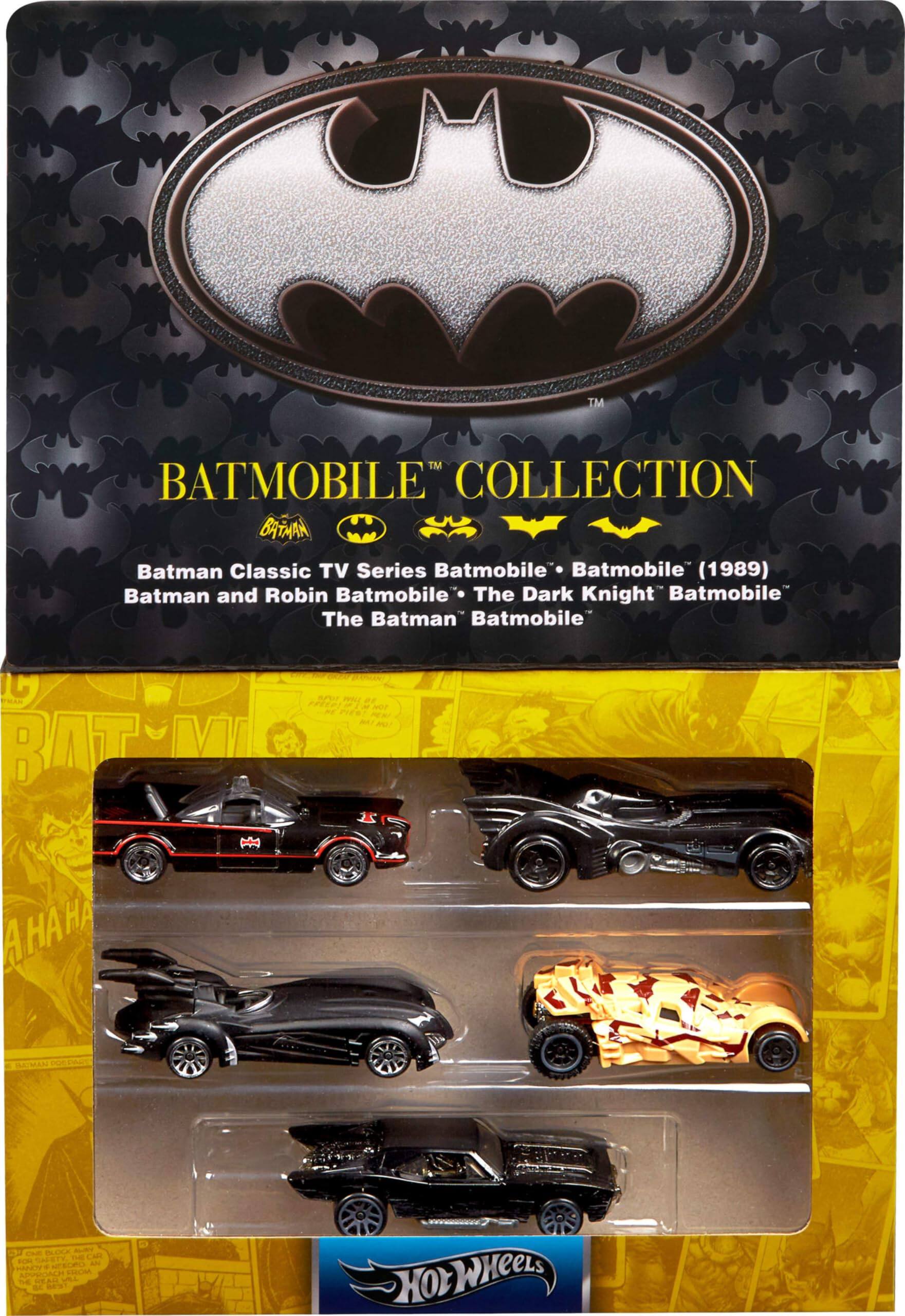 BATMOBILE COLLECTION  
Batman Classic TV Series Batmobile  
Batman and Robin Batmobile  
The Dark Knight Batmobile  
The Batman Batmobile  

Hot Wheels