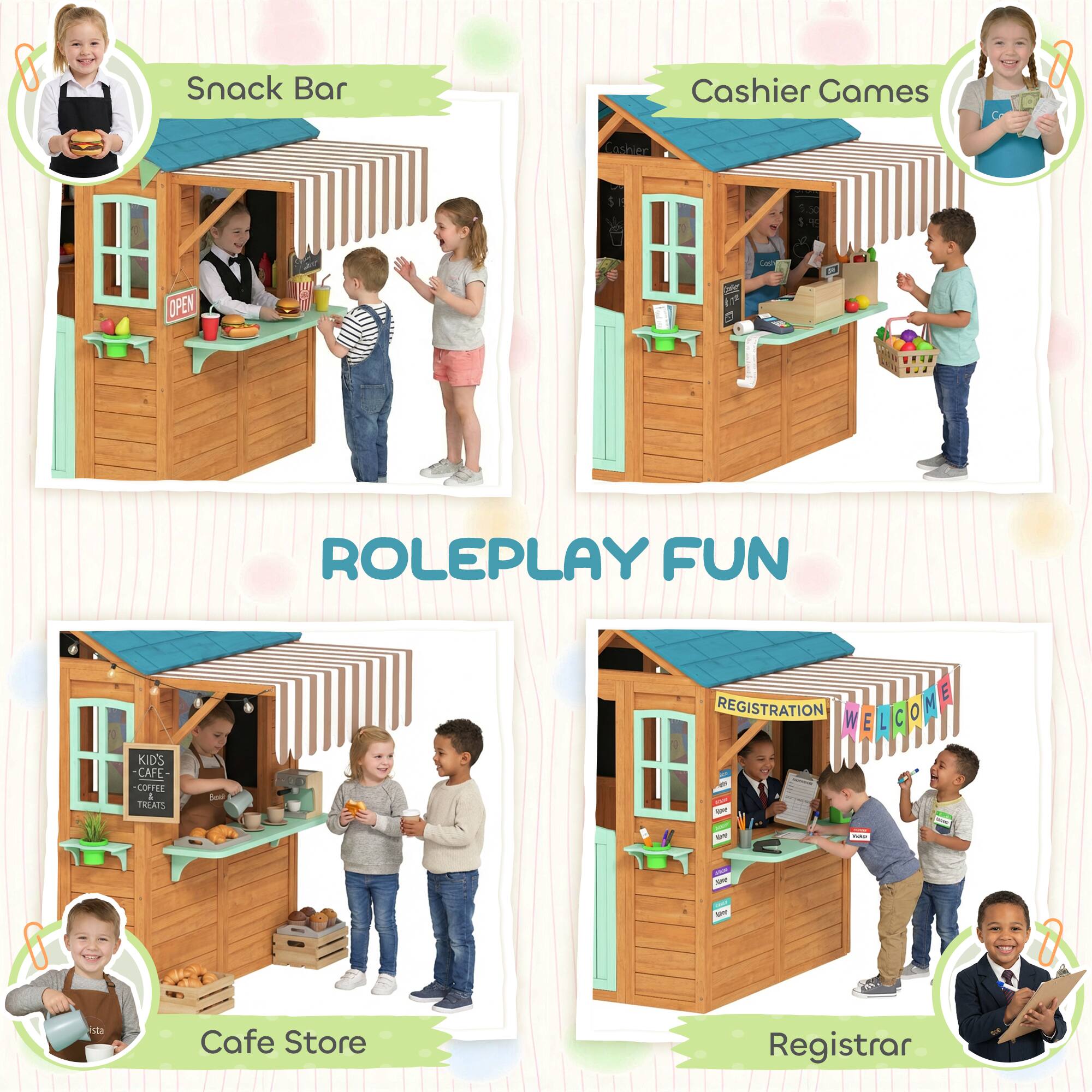 Snack Bar  
Cashier Games  
Cafe Store  
Registrar  

ROLEPLAY FUN  

Snack Bar  
Cashier Games  
Cafe Store  
Registrar