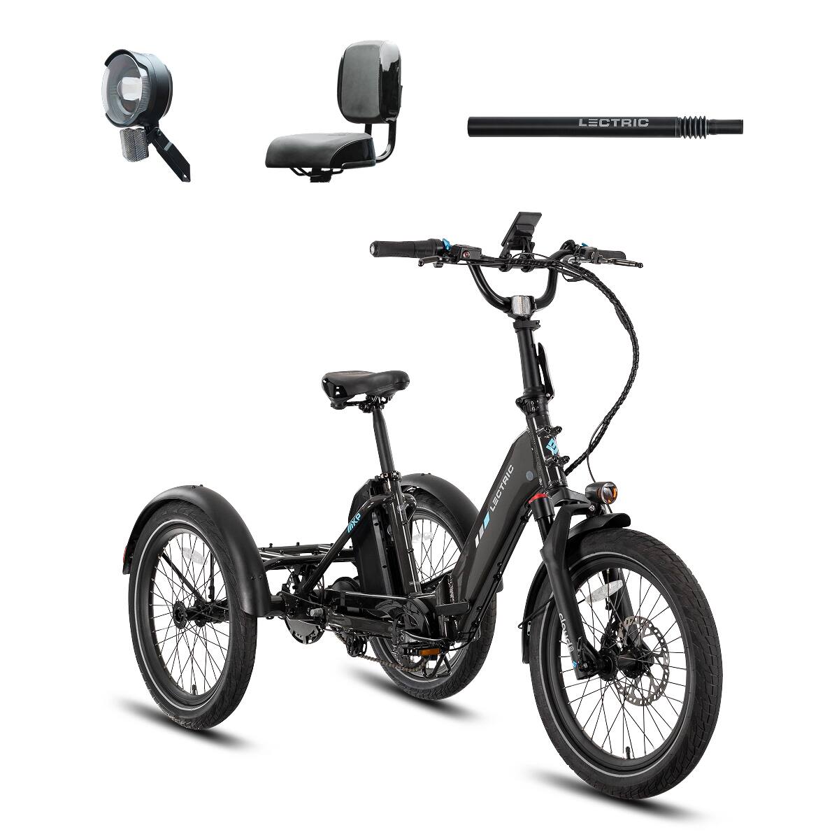 Lectric eBikes - XP Trike2 Foldable eBike (Max 50mi/14mph) + Support Seat/Suspension Seat Post/Elite Headlight - Tempest Grey