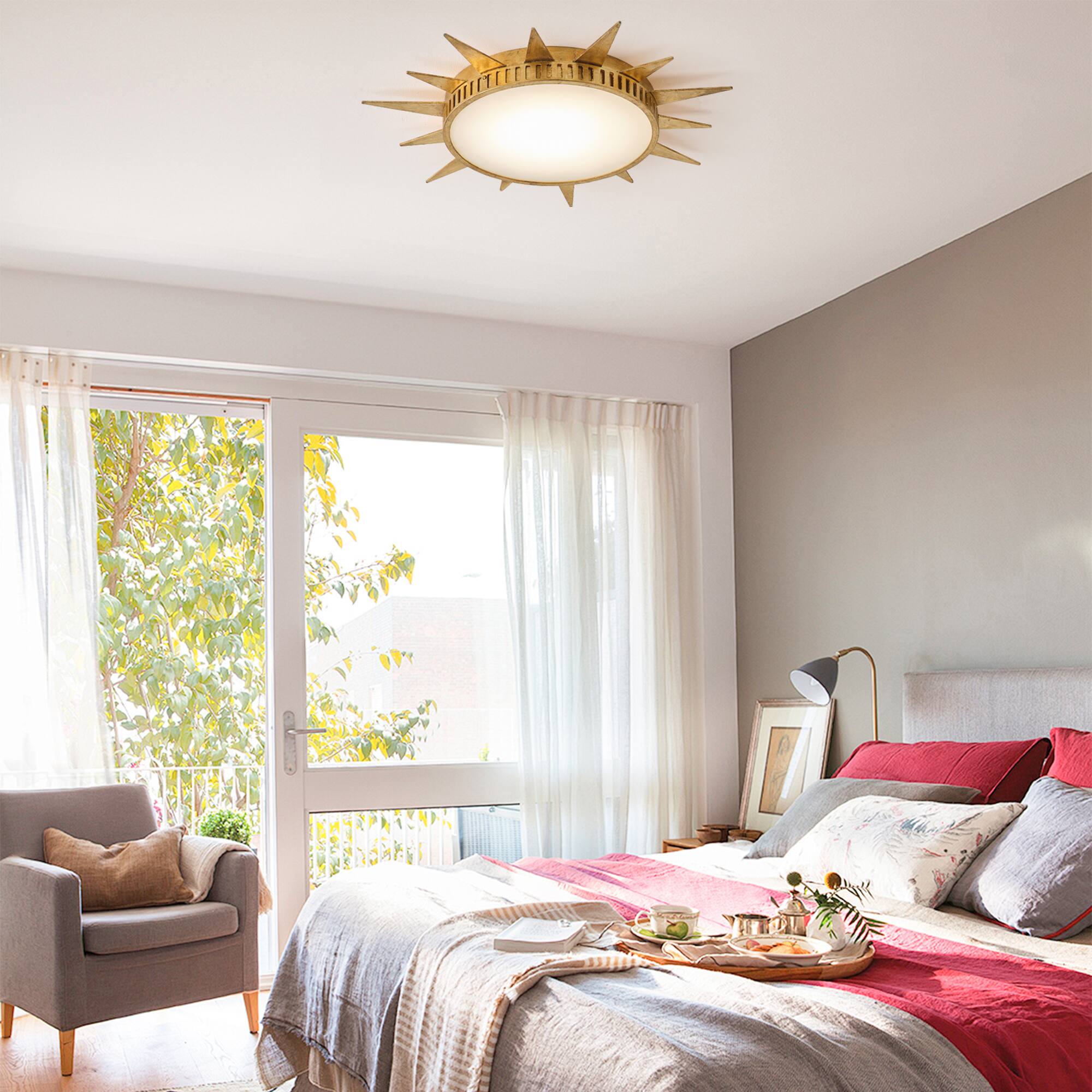 Left. Parrot Uncle - 25.2 in. Integrated LED Vintage Gold Sun Burst Ceiling Light - Gold.
