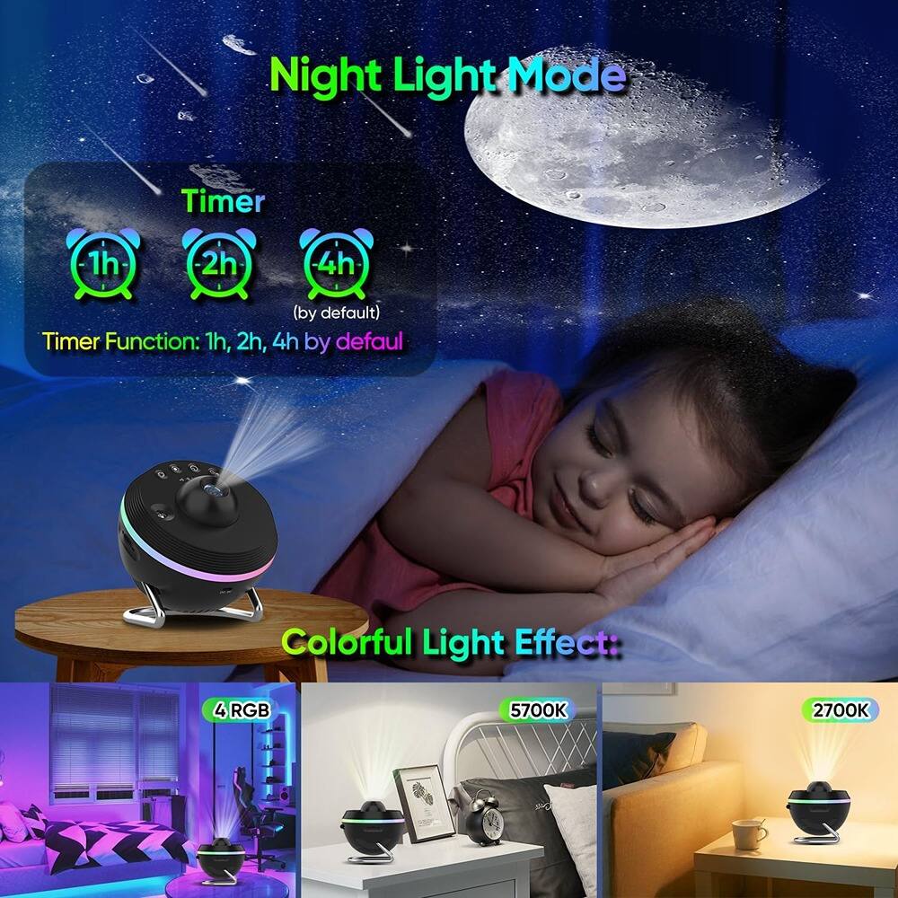 Night Light Mode

Timer
1h 2h 4h (by default)
Timer Function: 1h, 2h, 4h by default

Colorful Light Effect:
4 RGB
5700K
2700K