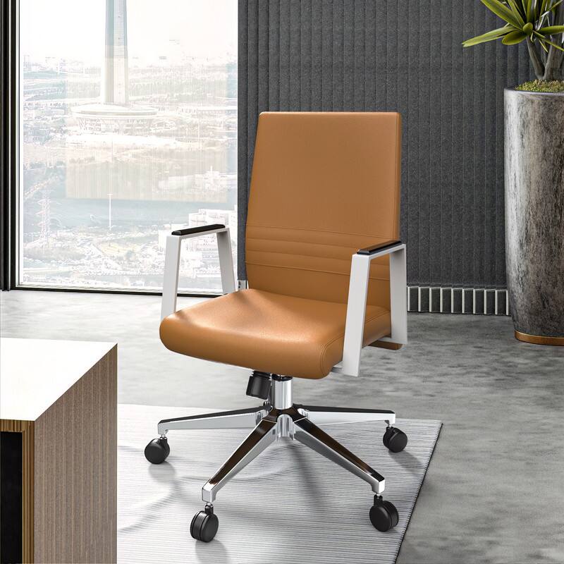 Left. LeisureMod - Aleen Adjustable Office Chair with Leather Upholstery, Iron Frame, Armrests, and Swivel Base - Acorn Brown.