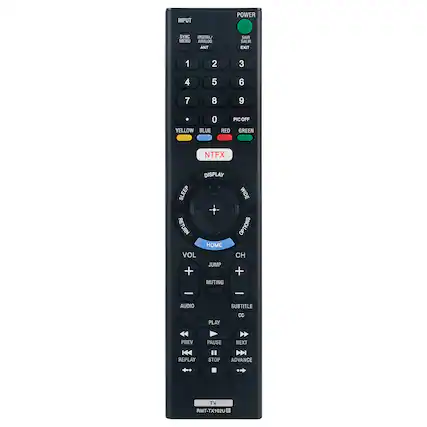 INPUT
POWER
SYNC MENU
DIGITAL/ANALOG
ANT
SAIR
SALIR
EXIT
1 2 3 4 5 6 7 8 9 0
PIC OFF
YELLOW
BLUE
RED
GREEN
NTFX
DISPLAY
SLEEP
RETURN
HOME
VOL
JUMP
+
MUTING
WIDE
OPTIONS
CH
+
-
I
AUDIO
PLAY
SUBTITLE
CC
PREV
PAUSE
NEXT
REPLAY
STOP
ADVANCE
TV
RMT-TX102U