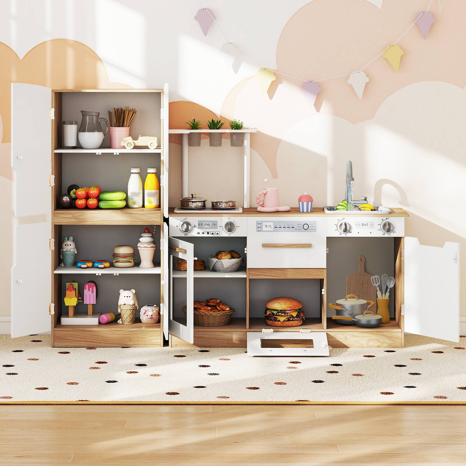 Alt View 3. Gymax - Gymax 2 PCS Kids Kitchen Playset w/Fridge Dishwasher Microwave Oven & Accessories Natural - Yellow.
