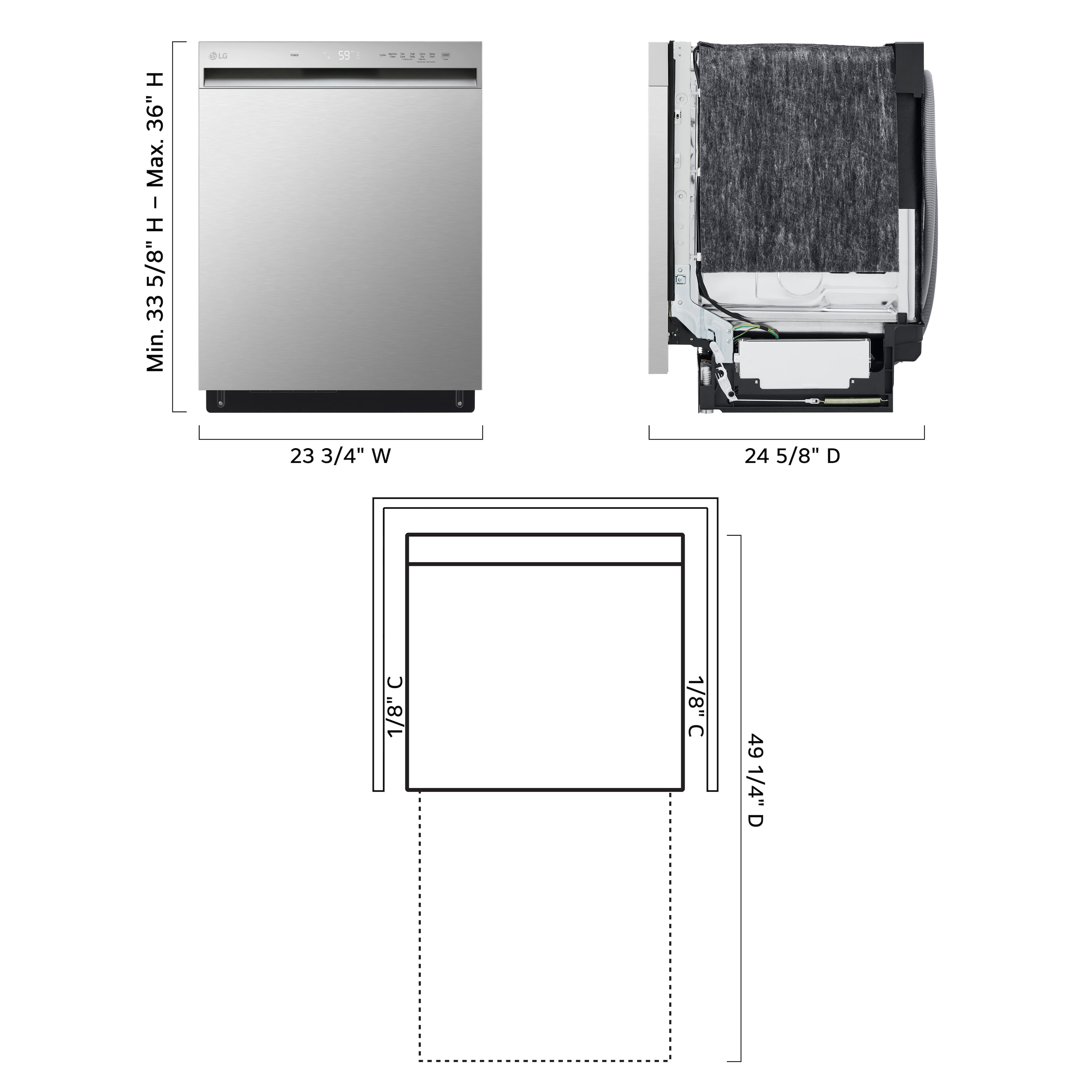 The text on the image reads:
H 36" Max. I 5/8" 5/8" H - Max. H 33 Min. quE 58 23 3/4" W 24 5/8" D 1/8" 1/8"C C 49 1/4" D
The corrected text should be:
H 36" Max. I 5/8" 5/8" H - Max. H 33 Min. quE 58 23 3/4" W 24 5/8" D 1/8" 1/8"C C 49 1/4" D
