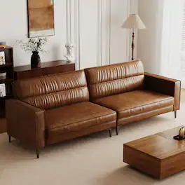 luck idea - Mid-Century Modern Oil-Wax Leather Sectional Sofa, Couch,Solid Wood Frame, High-Density Foam Cushions, Metal Legs - Brown