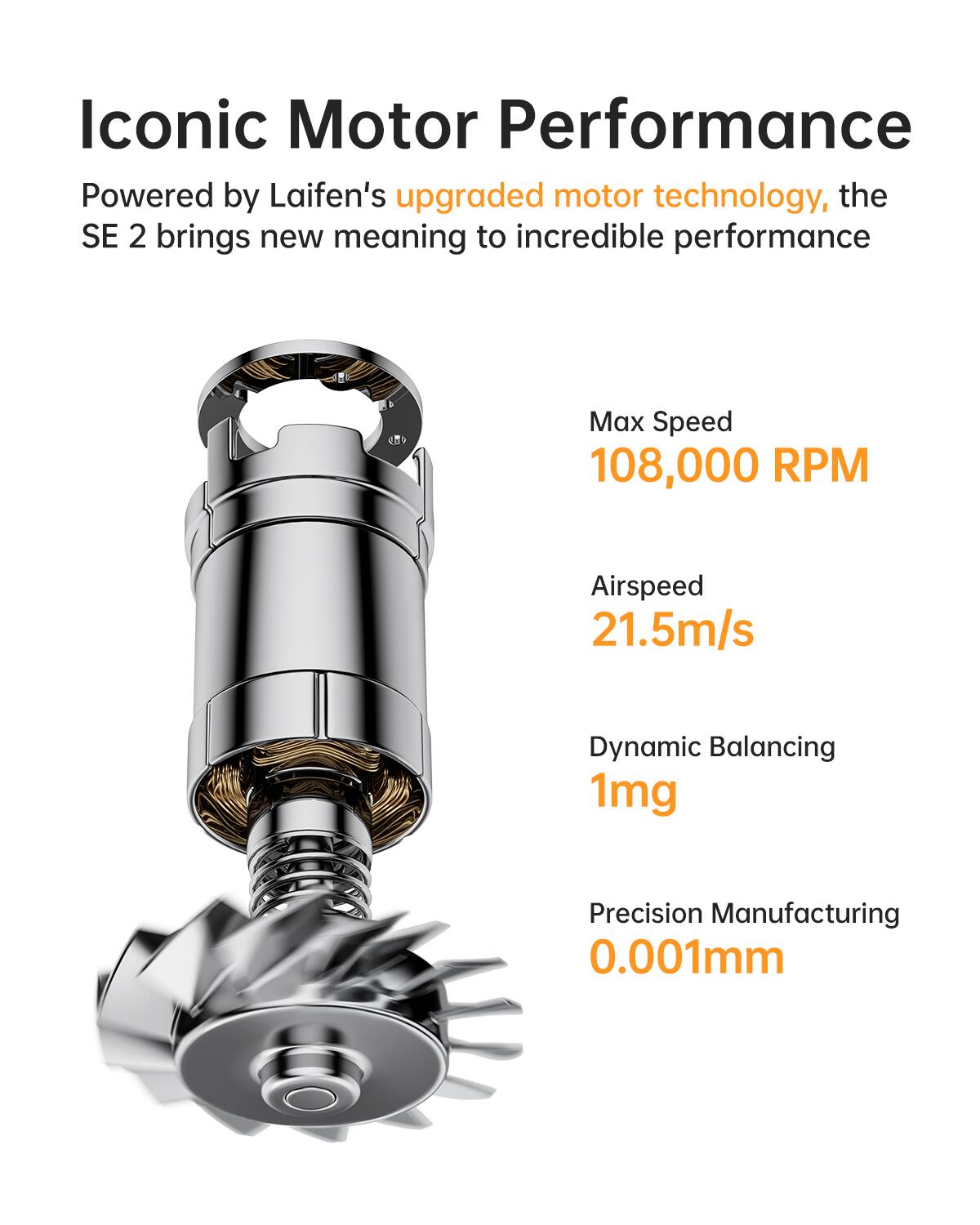 Iconic Motor Performance  
Powered by Laifen's upgraded motor technology, the SE 2 brings new meaning to incredible performance  

- Max Speed: 108,000 RPM  
- Airspeed: 21.5m/s  
- Dynamic Balancing: 1mg  
- Precision Manufacturing: 0.001mm